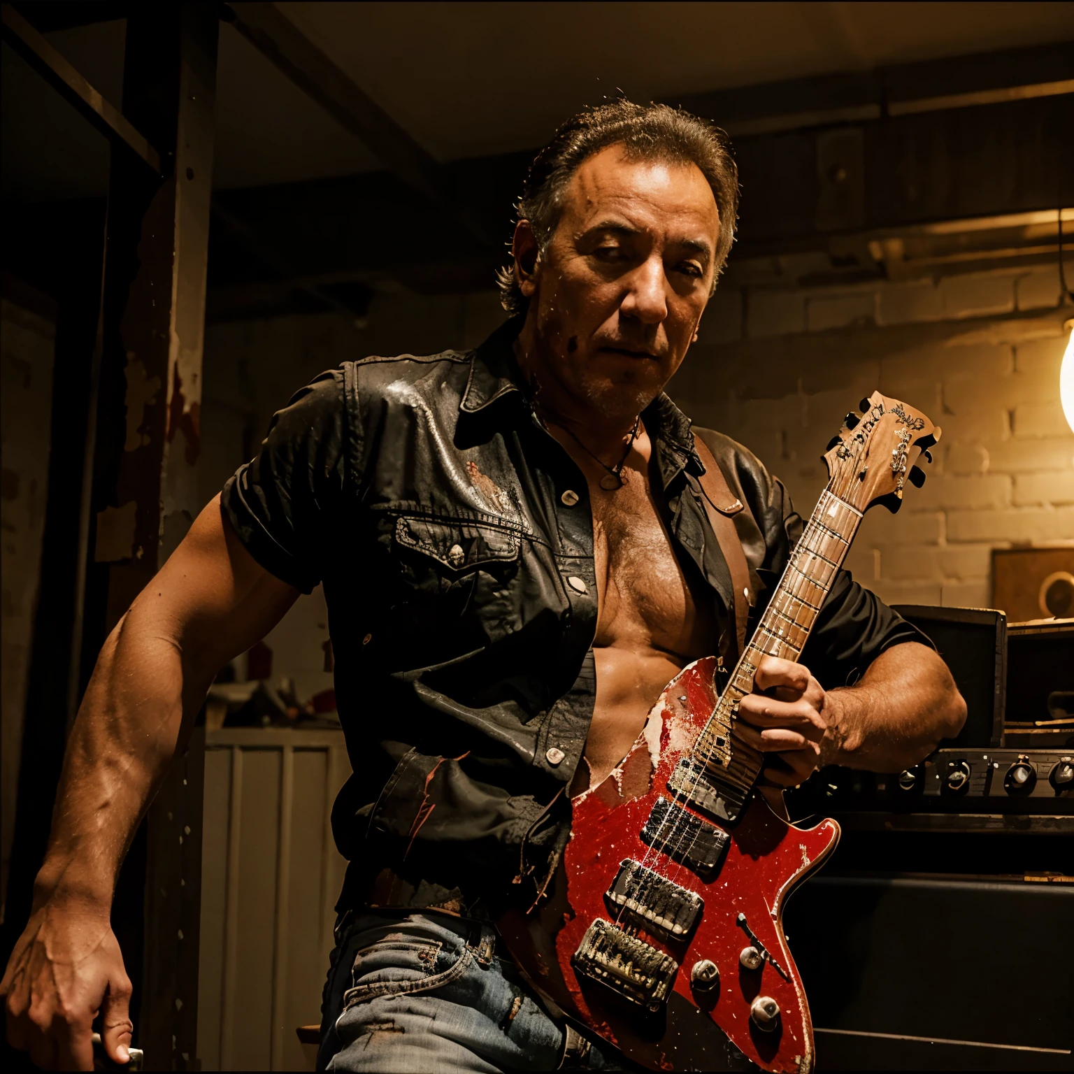 Bruce Springsteen covered in blood playing a red electric guitar.