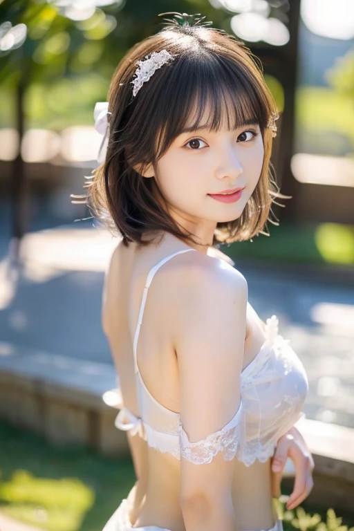 highest quality, High resolution, Realistic photo, Detailed skin texture, (Cute 12 year old Japanese girl wearing a lacy white camisole), (Flat Chest:1.5), To the camera, Slim figure, Fair skin, View your viewers, Focus on the face, In the park with cherry blossoms falling, (:1.2)