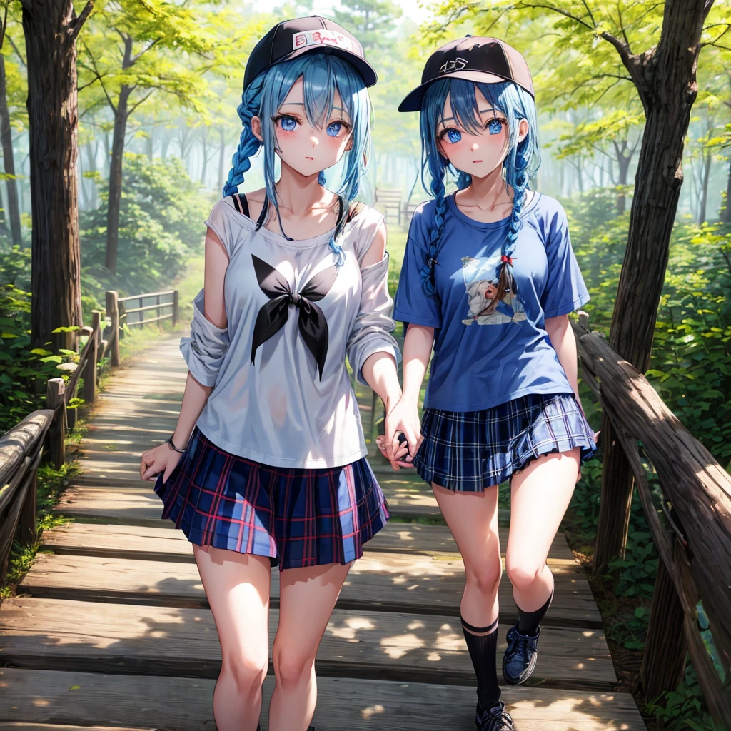 Blue hair、blue eyess、Braids、one good looking girl、独奏、animesque、Plaid miniskirt、Black T-shirt、camisole、the woods、Sunlight、Wearing a plaid baseball cap、bare-legged、Tilting your face、Walking、Crossing a log bridge while keeping balance、Doing the ribbon