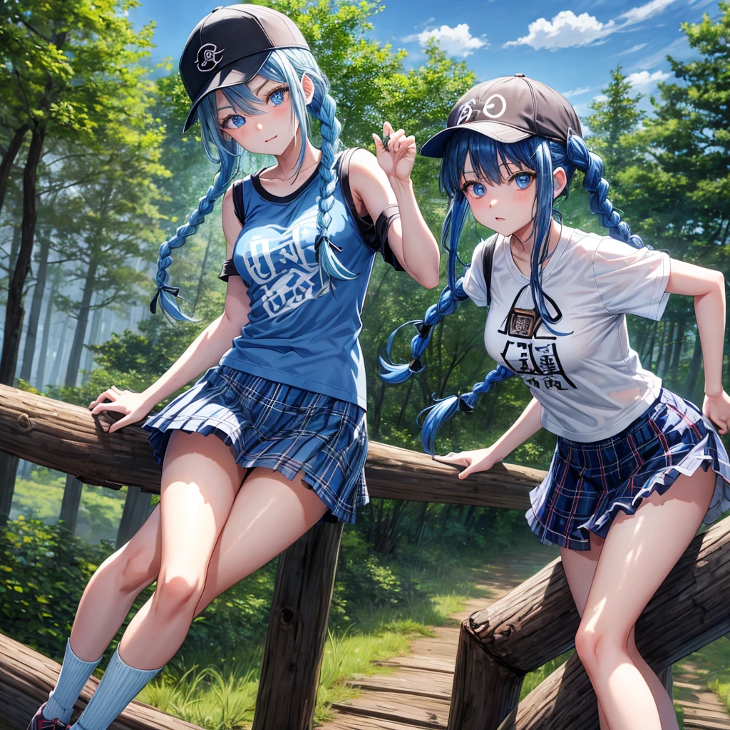Blue hair、blue eyess、Braids、one good looking girl、独奏、animesque、Plaid miniskirt、Black T-shirt、camisole、the woods、Sunlight、Wearing a plaid baseball cap、bare-legged、Tilting your face、Walking、Crossing a log bridge while keeping balance、Doing the ribbon