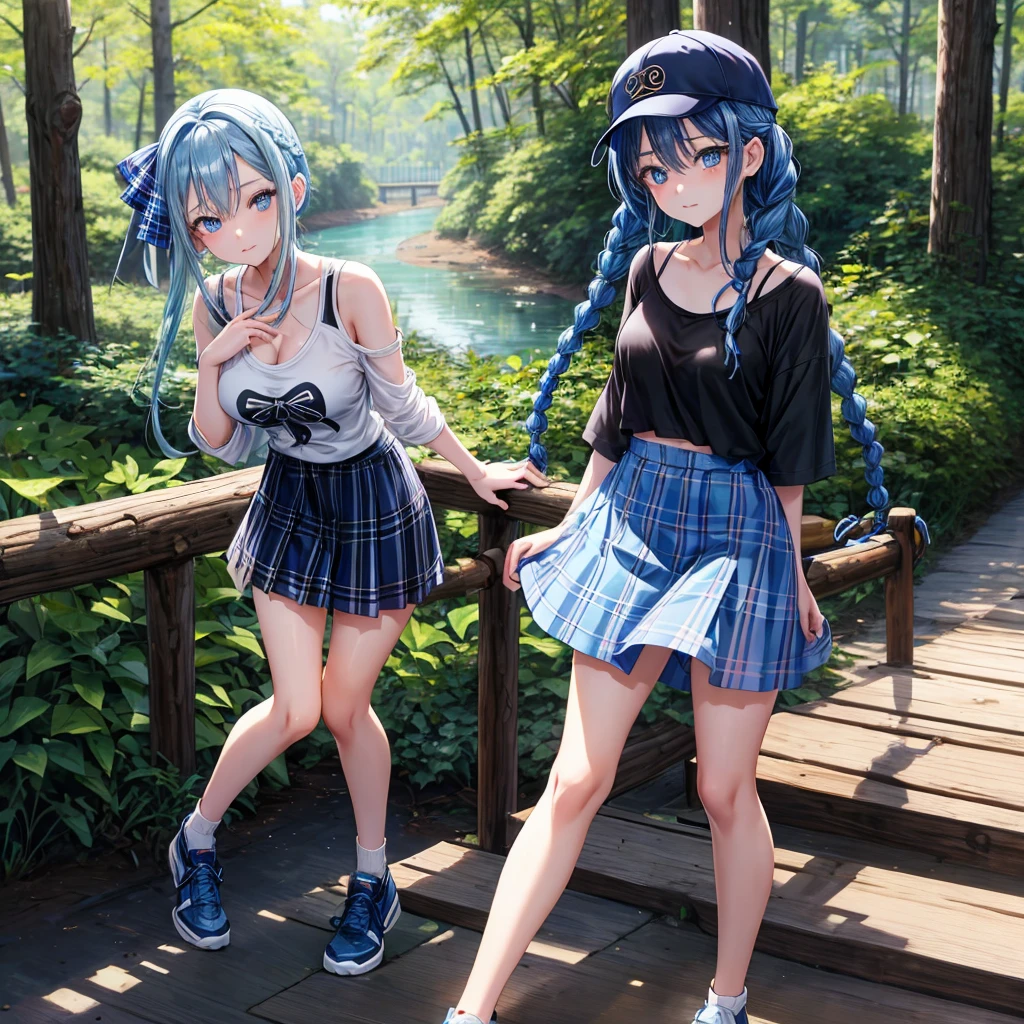 Blue hair、blue eyess、Braids、one good looking girl、独奏、animesque、Plaid miniskirt、Black T-shirt、camisole、the woods、Sunlight、Wearing a plaid baseball cap、bare-legged、Tilting your face、Walking、Crossing a log bridge while keeping balance、Doing the ribbon