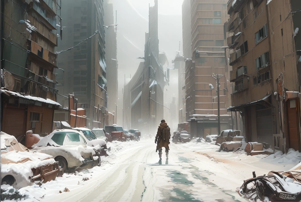 Snowy city streets,A person walking in the middle of the street, digital concept-art of dystopian, concept-art, winter concept-art, Post-apocalyptic city streets, epic cinematic concept-art, highly realistic concept-art, concept-art scene, concept-art like ernest khalimov, stunning sci-fi concept-art, emotional concept-art, high quality digital concept-art, cinematic concept-art