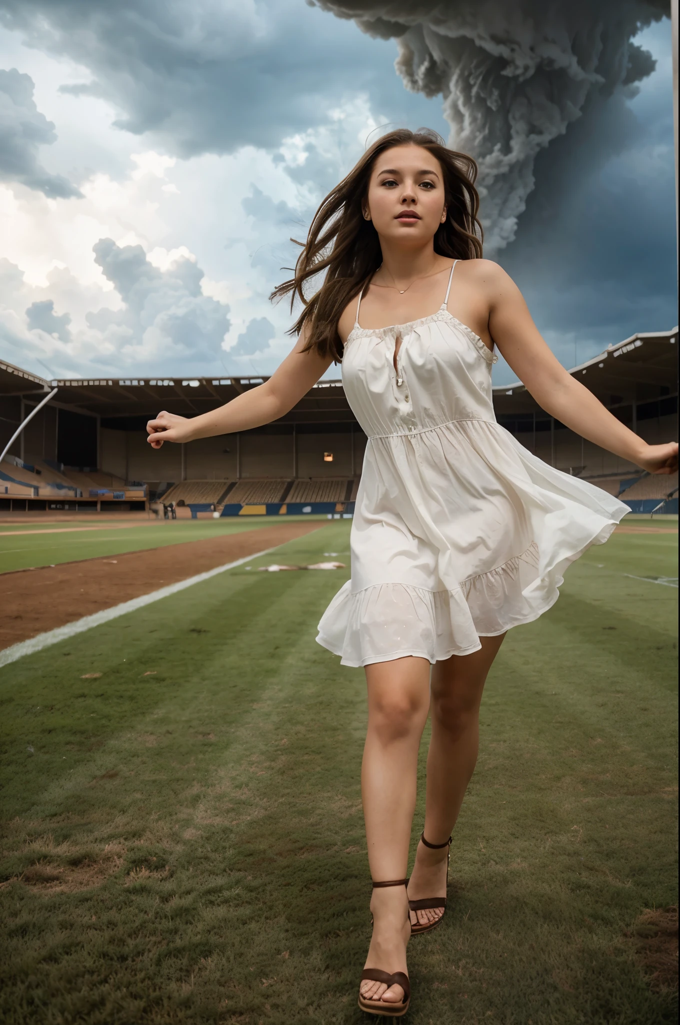 woman with brown hair flying in all directions stands in a fluttering light dress and sandals on the field against the background of a tornado, full-face
