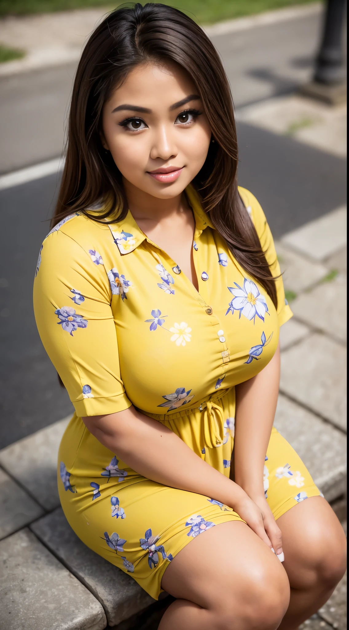 ( Close Up ),RAW, Best quality, high resolution, work: 1.3), Beautiful Malay woman, Perfect work, perfect fit body, ((Big breasts, beautiful big eyes, Soft smile, beautiful face, slightly open mouth, thighs thick,long hair, brown hair, shapely buttocks, close-up view of a woman in a yellow floral dress sitting on the sidewalk, beautiful woman, traditional beauty, a Malay woman, with a beautiful appearance, a young Malay woman, , beautiful beautiful girl, very beautiful style, wearing beautiful clothes, excellent lighting, bright colors, clean lines