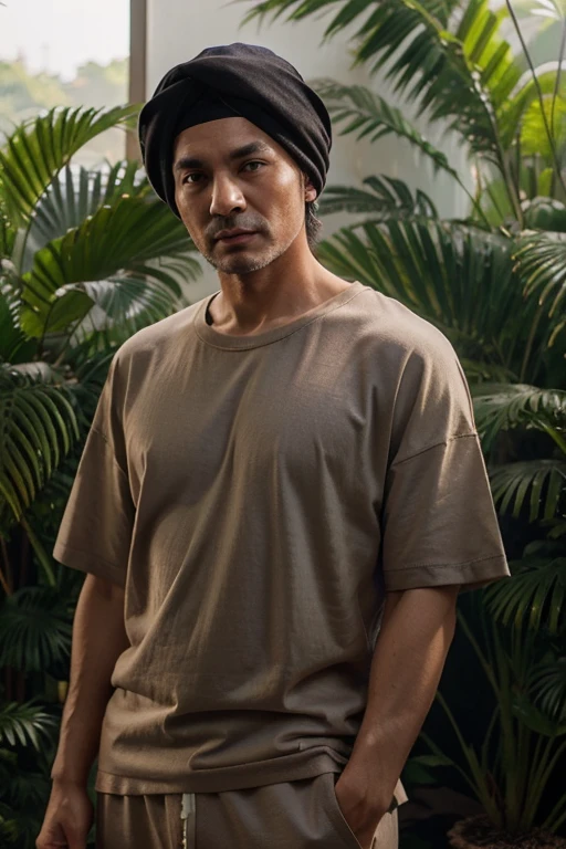 (Mature man:1.3), 独奏, , black hair, Brown eyes, pajama pants, Oversized T-shirt, and a turban on the head, Only the torso(hiquality), (Best Quality), (Detailed), perfect  lighting, Detailed face, Against the backdrop of the jungle