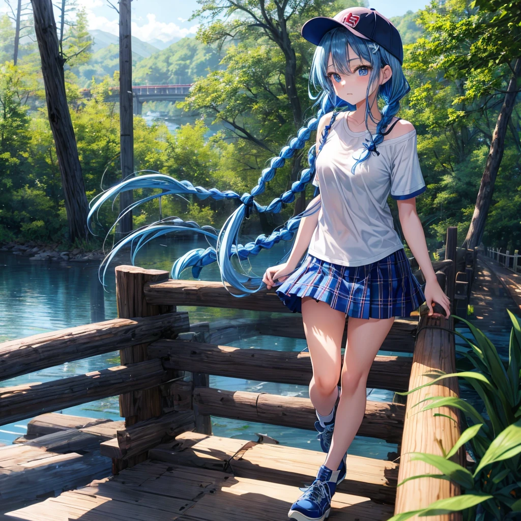 Blue hair、blue eyess、Braids、one good looking girl、独奏、animesque、Plaid miniskirt、Black T-shirt、camisole、the woods、Sunlight、Wearing a plaid baseball cap、bare-legged、Tilting your face、Walking、Crossing a log bridge while keeping balance、Doing the ribbon