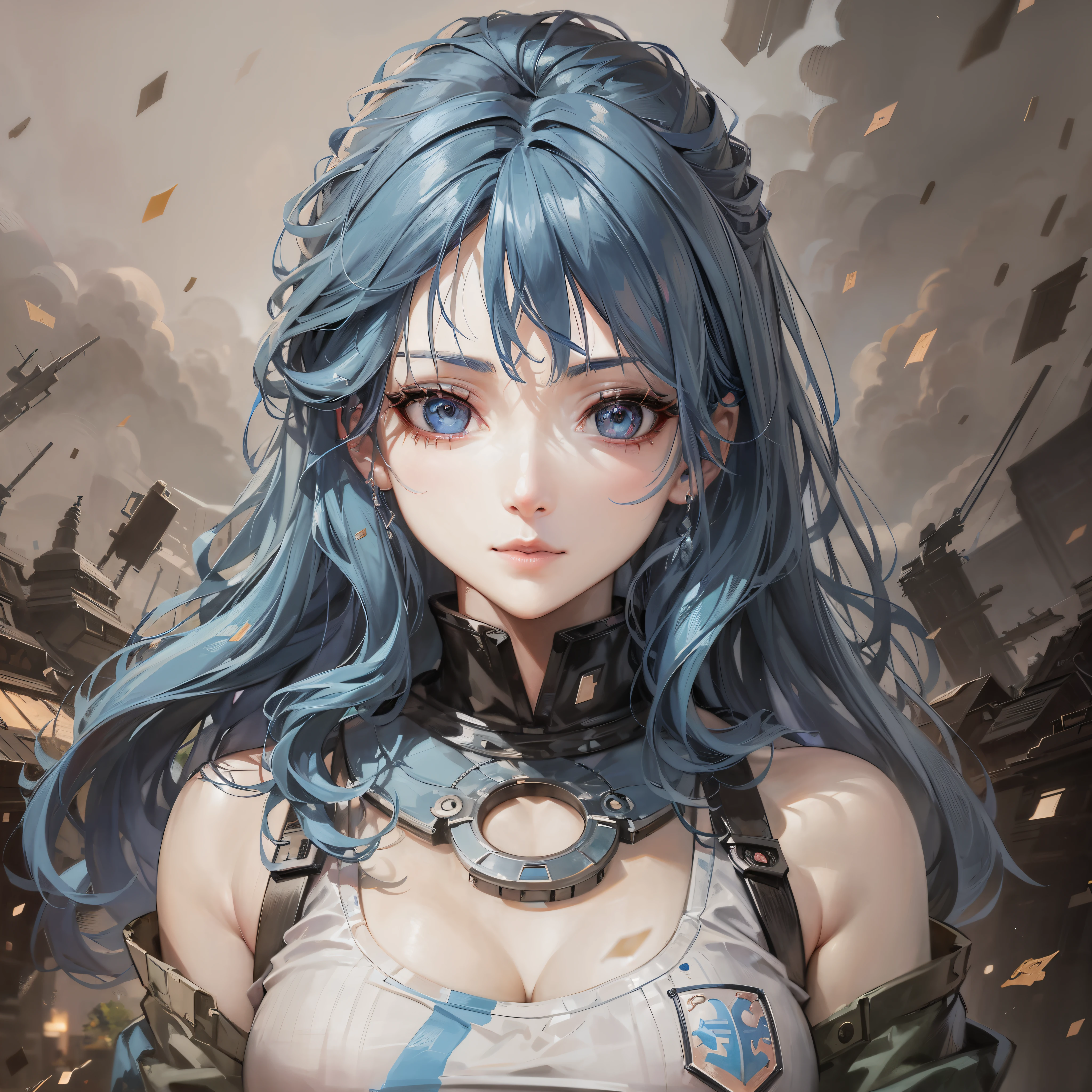 a strong girl with blue hair in the war