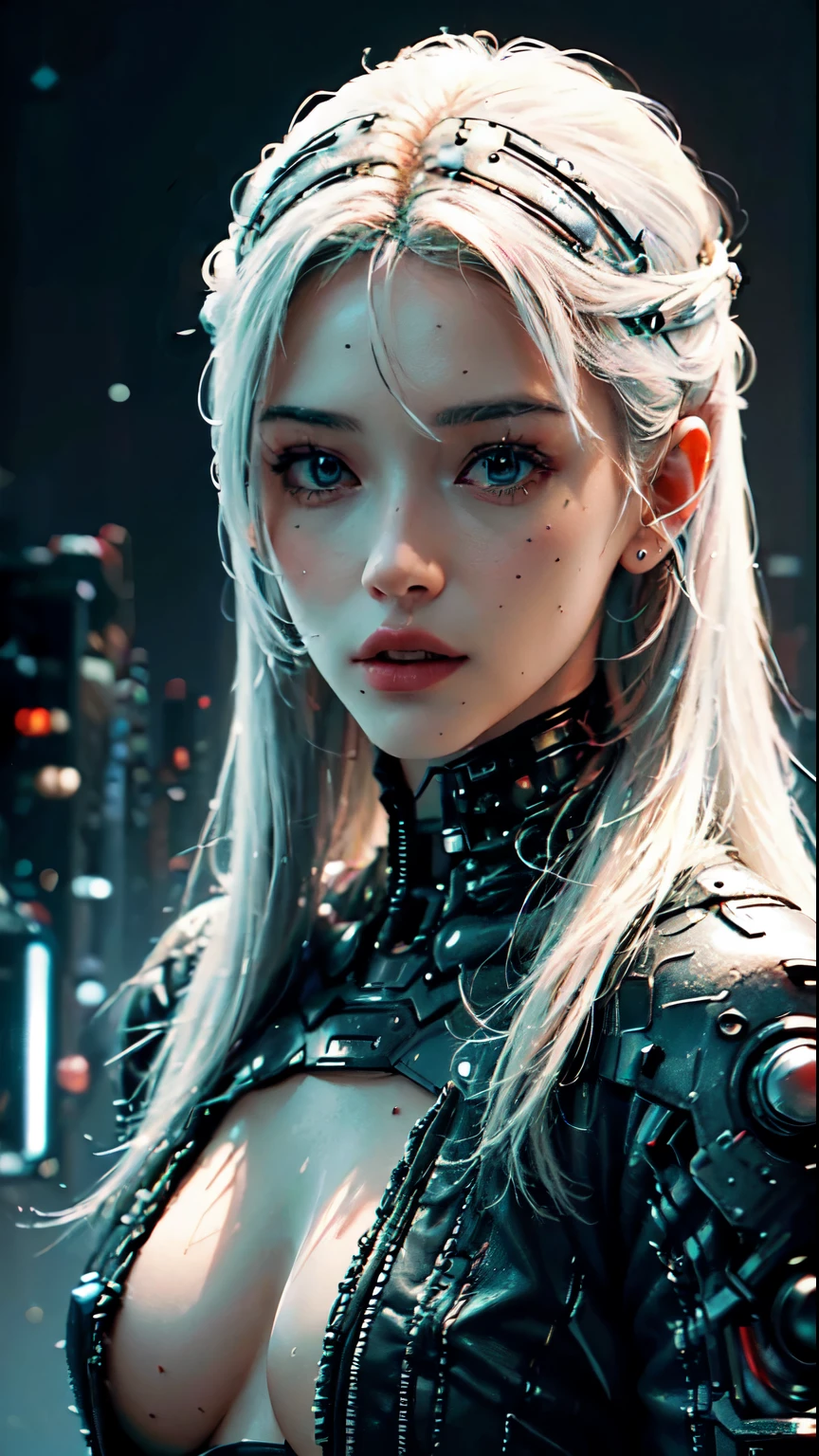 ((Best quality)), ((masterpiece)), (detailed: 1.4), 3D, cyberpunk, a beautiful woman with long white hair