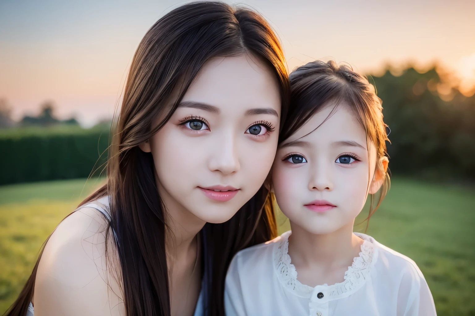 outdoor, beautiful sky, twilight, kids, full body, boy and girl, older sister and younger brother, smile, beautiful face, double eyelids, long eyelashes, glowing eyes, highly detailed eyes, highly detailed pupils, highly detailed face, asian girl, masterpiece, 8k quality,