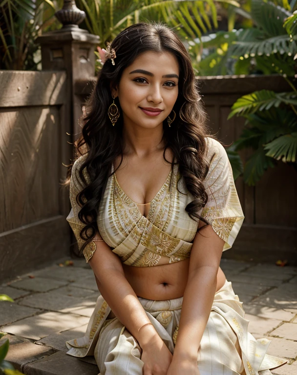 (masterpiece fashion photography:1.4) of a solo ravishing elegant curvy malayali princess Lizzy Thomas, sitting in a picturesque kerala courtyard , in floral printed (ornate blouse & saree:1.3), wet glistening perfect skin, navel, cute cleavage, 80's fashion, (flowing curly wavy backlit hair), hair accessories, vivacious, happy, (captivating kohl lined eyes:1.3) , (bright smile:1.3) flowering trees everywhere, soft dramatic evening lighting, depth of field, backlit, light rays, highly detailed, trending on artstation, paint splashes, rich colour, elegant portrait, by Ron hicks & Atey Ghailan, perfect even skin tone,