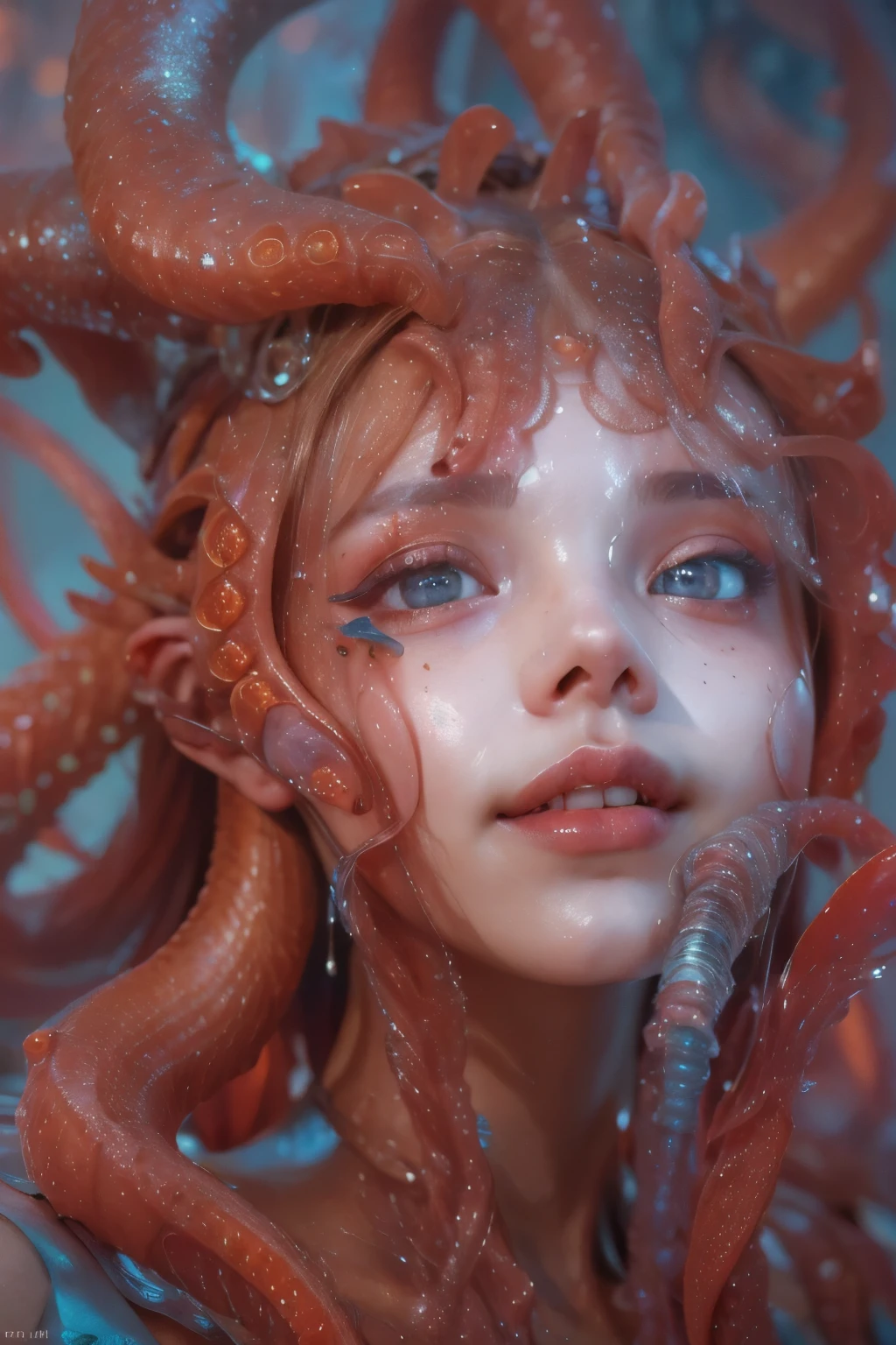 Portrait, (1 beautiful female alien:1.2),  ((There is a female genital-like organ in the middle of the forehead:1.9)), (The most beautiful face in the history of the universe:1.2), (Scarlet eyes that shine mysteriously:1.6), (Translucent skin:1.8), an evil gaze that seduces, (red eyes:1.5), (large mouth:1.1), sharp teeth like a shark, Full body like, (bio luminescent:1.2), (Smile wickedly:1.3),  (sexypose:1.5), alien, No humans, cells are fused, (Lots of translucent tentacles:1.1) (Translucent skin:1.3), extraterrestrial, cell, bio image, Best Quality, 8K,4K_quality, High Definition, Dramatic Lighting, masutepiece:1.5,cinematic quality, detail up, (Intricate details:1.2), High resolution, High Definition, drawing faithfully, (Thick eyebrows:1.2), Beautiful eyes with fine symmetry, (Ultra detailed eyes:1.2),(Highly detailed face and eyes:1.2), (High-resolution red-eye:1.4), Intimate face, (Super detailed skin quality feeling:1.4), Perfect Anatomy,  (Beautiful toned body:1.5),  (Moist skin:1.2), No makeup, (dark circles:1.1), long canines, cinematic drawing of characters, ultra high quality model, cinematic quality, detail up, (Intricate details:1.2), High resolution, High Definition, drawing faithfully, Official art, Unity 8K wall  , 8K Portrait, Best Quality, Very High resolution, ultra detailed artistic photography, midnight aura,  unreal enginee 5, Ultra Sharp Focus, art by alberto seveso, ArtGerm, Roisch, intricate artwork, best quality, masutepiece, ultra High resolution, (photos realistic:1.4), Ultra-realistic realism, dream-like,  nautilus, Creation of fantasy, Snail, Dream Snail,  (biopunk nautilus:1.3), Thrilling color schemes， Ultra-realistic realism， seductively smiling, Blue tentacles