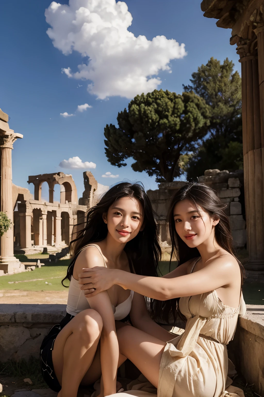 Ancient Roman ruins,Poussin-style landscape,A smile,,Sweet and seductive appearance.、Caravaggio's paintings、Chiaroscuro of Caravaggio、Hair disheveled in the wind,Cute smile, Expression of ecstasy,,Waiting to start sitting on the floor holding your knees