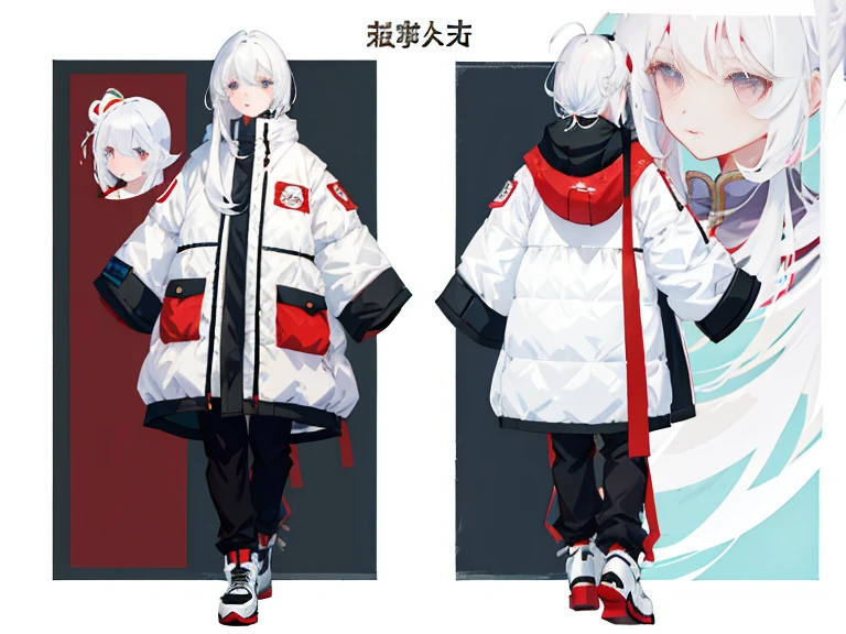 Supreme， White quilted jacket，white hair，white eyes，Ax with long handle，Standing on your feet，Chinese girl design，Detailed Genshin graphics，character design аниме，anime concept art，pretty anime character design，anime character reference sheet，[character design]，