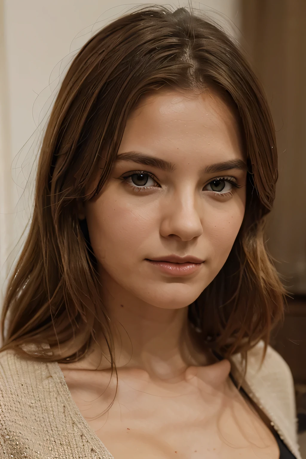 cheveux blonds, cheveux longs, beauté, grain de beauté sous la lèvre, taches de rousseur sur le visage, Vêtements de sport moulants, debout dans une chambre, canon ouverture 1.8 objectifs 35mm, yeux brillants, expression faciale sérieuse, grain de beauté au-dessus de la lèvre supérieure, lèvre pleine