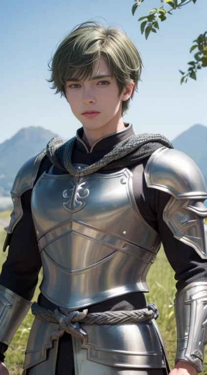 (Masterpiece quality, 8K resolution, Best Quality), Dynamic Angle, Handsome young male knight, (Green eyes, Short hair: 1.3, Silver armor, cloak: 1.2, Zen knot, musculature: 1.2), Detailed armor pattern decoration, herbal garden under the sky, Anime style, upper body reveals musculature and strong, the light of mana shines.