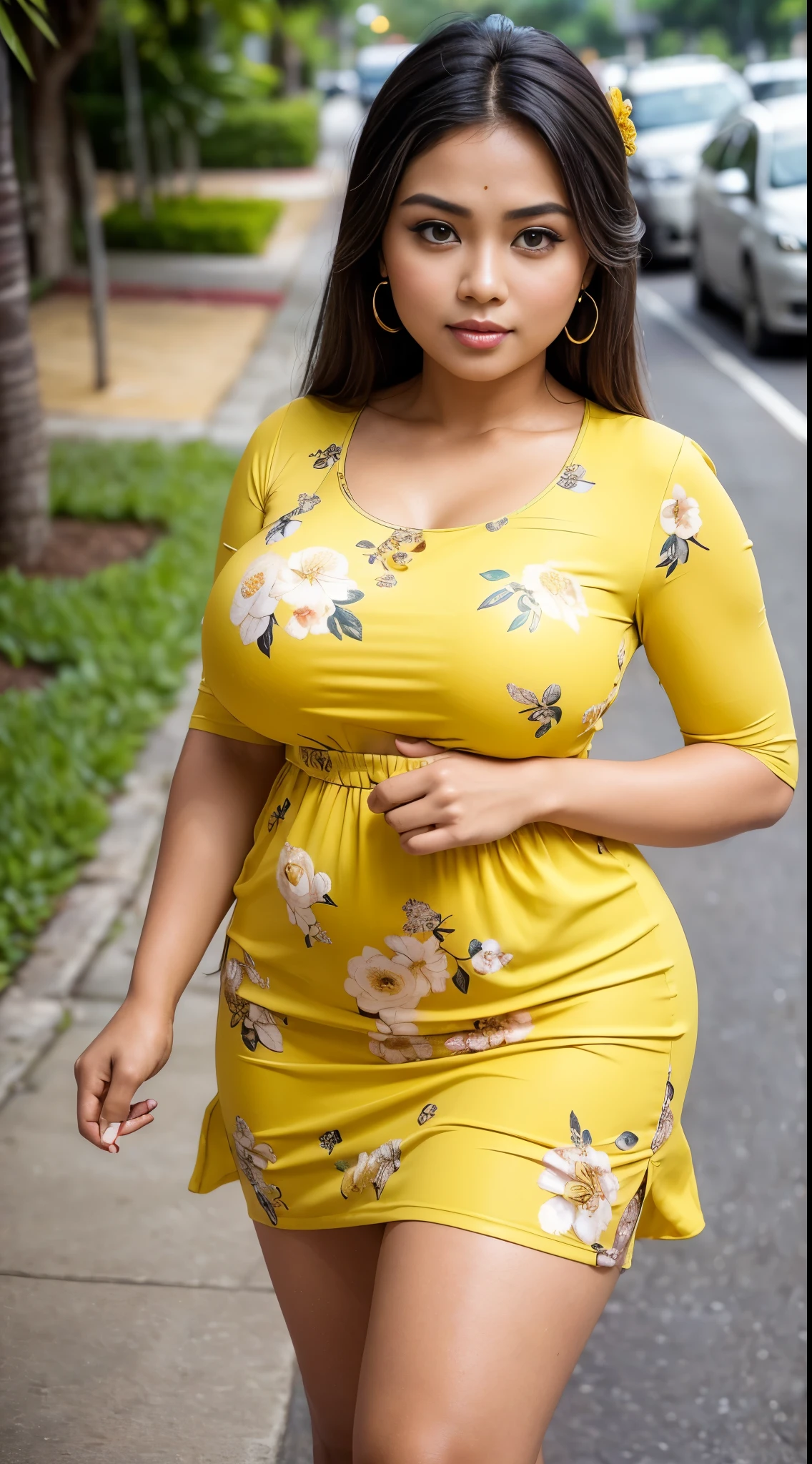 ( Close Up ),RAW, Best quality, high resolution, work: 1.3), Beautiful Malay woman, Perfect work, perfect fit body, ((Big breasts, beautiful big eyes, Soft smile, beautiful face, slightly open mouth, thighs thick, shapely buttocks, close-up view of a woman in a yellow floral dress walking on the sidewalk, beautiful woman, traditional beauty, a Malay woman, with a beautiful appearance, a young Malay woman, , beautiful beautiful girl, very beautiful style, wearing beautiful clothes, excellent lighting, bright colors, clean lines