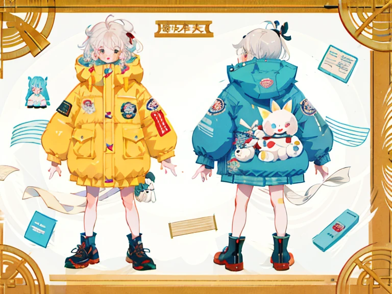 supreme， White quilted jacket，white colored hair，white eyes，Ax with long handle，Standing on your feet，Chinese girl design，Detailed Genshin graphics，Character design аниме，anime concept art，pretty anime Character design，anime character reference sheet，[Character design]，