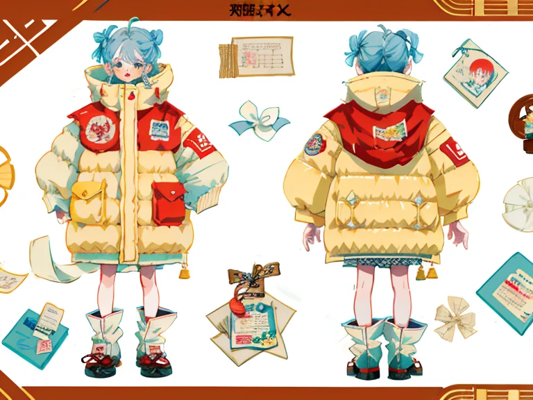 supreme， White quilted jacket，white colored hair，white eyes，Ax with long handle，Standing on your feet，Chinese girl design，Detailed Genshin graphics，Character design аниме，anime concept art，pretty anime Character design，anime character reference sheet，[Character design]，