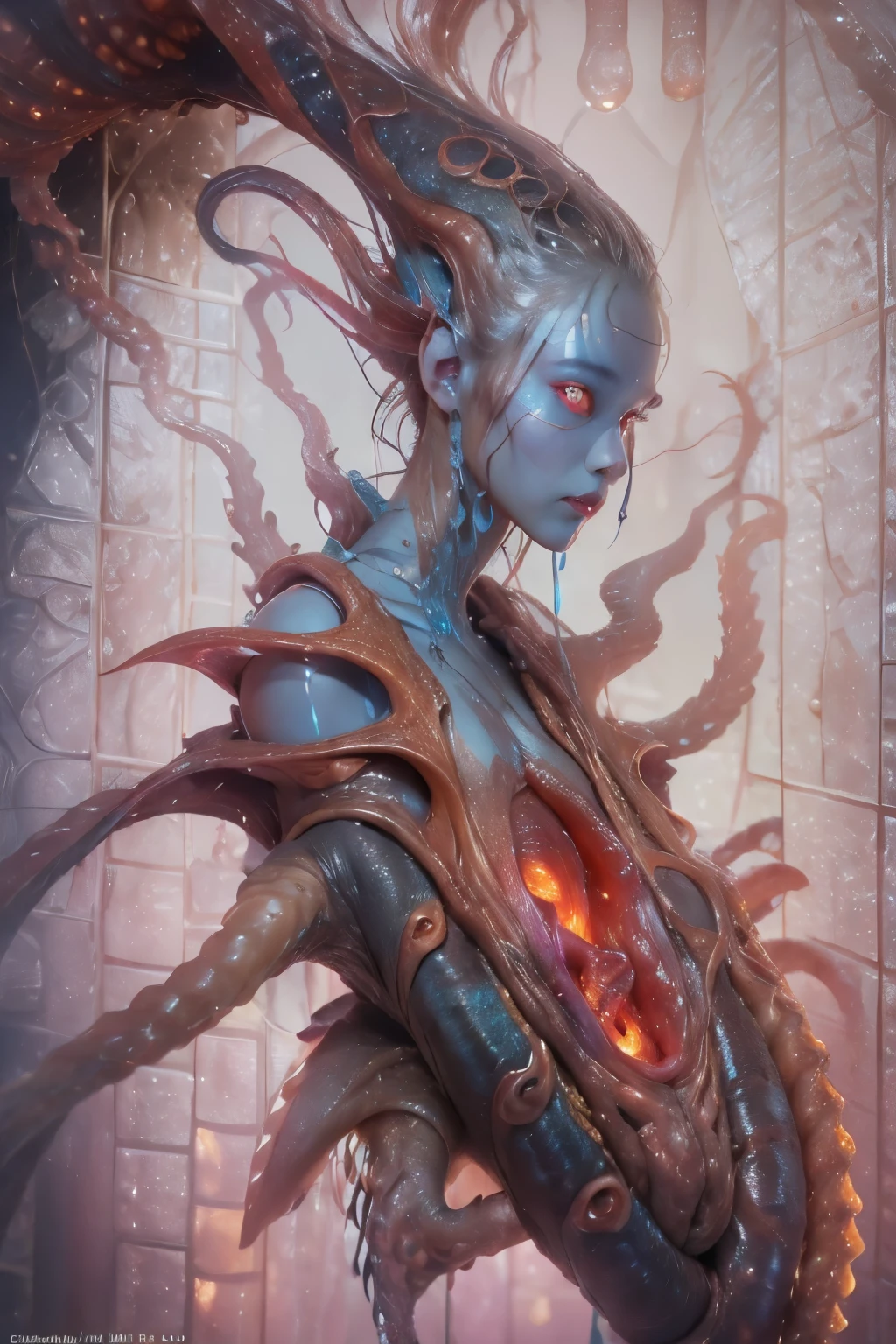 1Humanoid-looking girl, cabelos longos ondulados,cabelos brancos,olhos negros sem vida, Slim body covered by a green viscous liquid, dentes afinados exibidos, unhas pontiagudas,aka mulher larva, criatura humanoide feminina emergindo de uma caverna, corpo inteiro sendo mostrado, psychological scene, terror,medo, imagem detalhada expressiva