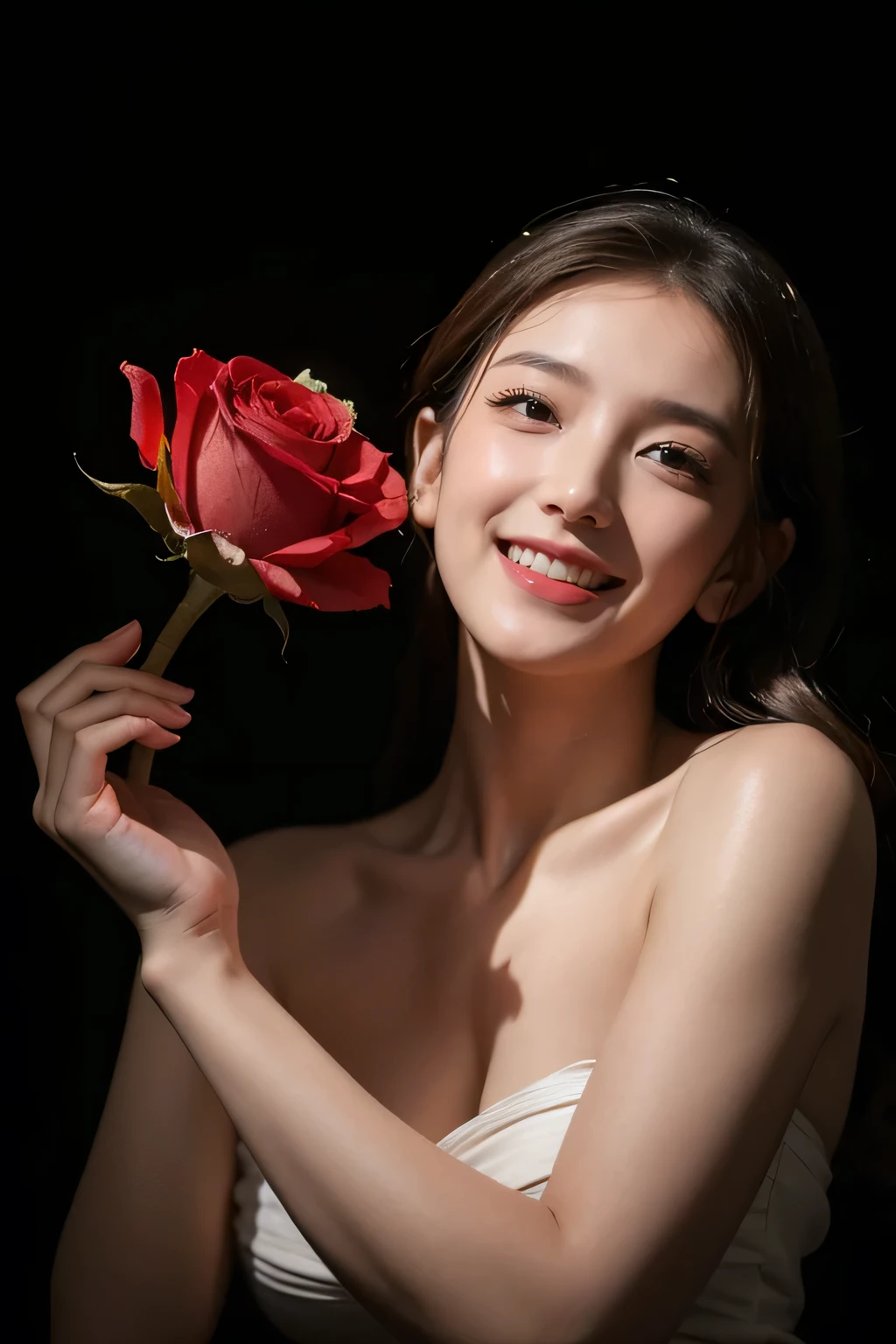 Ancient Greek maiden, ancient greek clothes, Woman, Pure smile, Caravaggio's paintings, Rose flower, fruits, big tits ton、 ,Caravaggio Chiaroscuro, Dark background,Expression of pleasure,Cute smile,burst into laughter