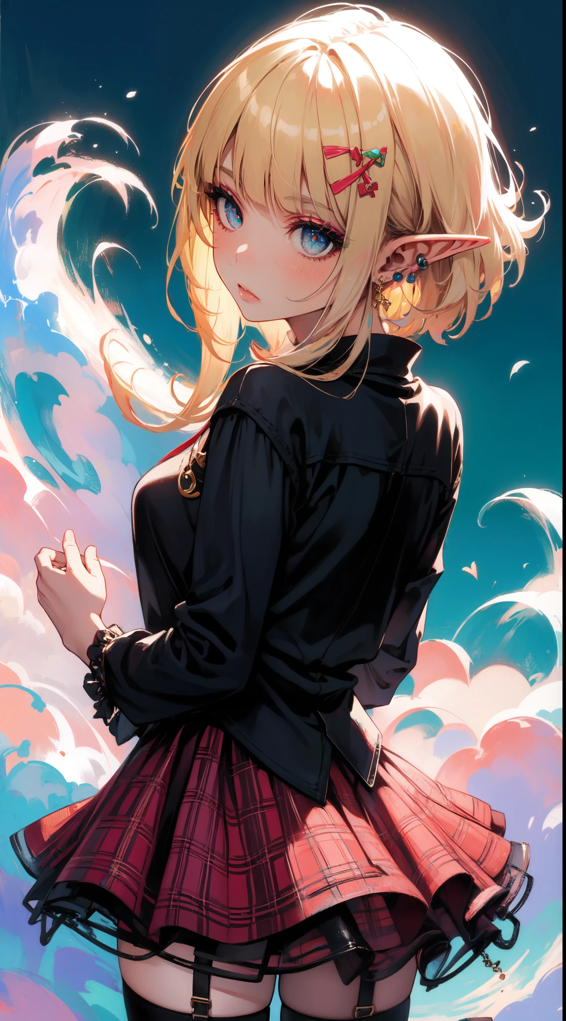 (masterpiece, top quality, best quality, official art, beautiful and aesthetic:1.2), ((elf)), ((1girl)), extreme detailed,(fractal art:1.3),colorful,highest detailed, portrait, from behind, art by Artgerm, by wadim kashin, by Kawacy, by Yoshitaka Amano, BREAK, (elf), (1girl), solo, perfect face, details eye, Blunt bangs, Blonde white hair, (hair between eye), eyelashes, eyeshadow, pink eyeshadow, BREAK, corsages, jirai kei, (jirai kei fashion:1.1), Frills, Skirts, Various accessories, (ear piercing), punky style, Japanese subculture, fashion, Stockings, colorful, (Dark circles:1.2),