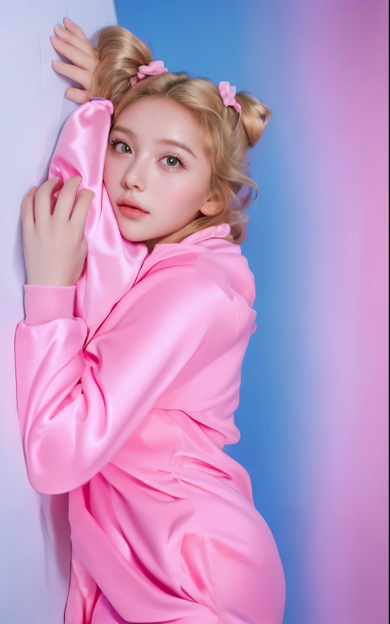 there is a  in a pink outfit , wearing a pink costume, portrait shot, wearing a baggy fluffy pajamas, rim light, realistic, young blonde woman, 4k, realistic, rim light, high resolution, shiny hair wavy, spotlight. Her hair impeccably styled, with a glossy finish that adds to her charm. The subtle rim light highlights the contours of her figure, adding depth and dimension to the composition. This artwork combines the elements of a beautiful hair, high-resolution image, realistic rendering, dark background, and rim light.