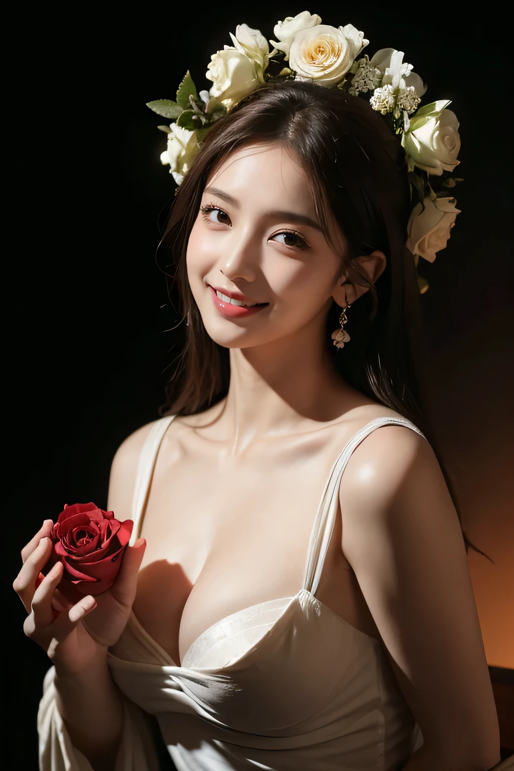 Ancient Greek maiden, ancient greek clothes, Woman, Pure smile, Caravaggio's paintings, Rose flower, fruits, big tits ton、 ,Caravaggio Chiaroscuro, Dark background,Expression of pleasure,Cute smile,burst into laughter