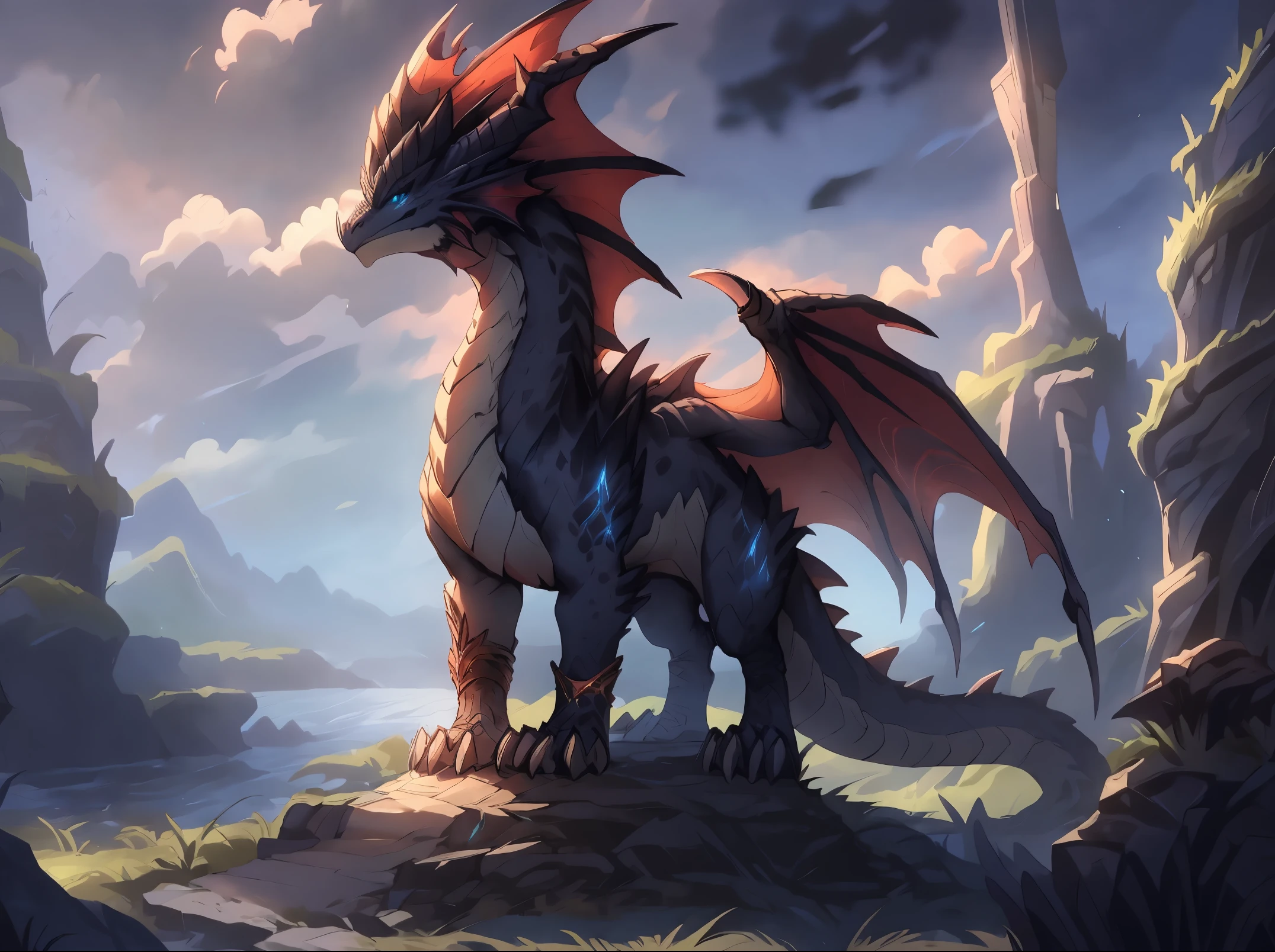 a close up of a dragon flying through a cloudy sky, epic dragon, ancalagon the black, epic fantasy digital art style, storm dragon, fractal thunder dan mumford, epic fantasy art style, alduin, black dragon, a majestic gothic dragon, epic fantasy artwork, epic fantasy art style hd, epic fantasy digital art, epic fantasy illustration, (((full body))), high detailed,