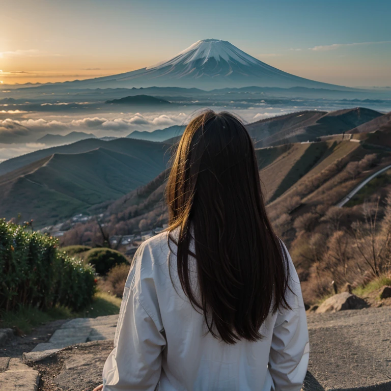 (Mt fuji,sunrises,Realistic depiction,a picture,Contre-Jour,a cloud),goodlooking,gasp,golden colors,The sun comes from near the top of the mountain, mountain one only,over the girl, back,１People only,Don't show girls face,Longhaire,dragon,flying though the air, Asian dragon,good omen,light across the screen.