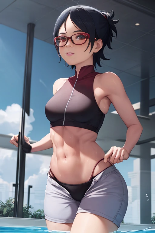 masterpiece, absurdres, 1girl, Model of Calvin Klein Brand. Sarada\(boruto, floating hair, wind. masterpiece, absurdres , (intricate details), (colorful),cinematic lighting,bust shot,extremely detailed CG unity 8k wallpaper 1girl, solo, High Waist Swimsuit, High waist bottom like shorts. Swimming Pool Background. Feet inside water. Peoples are staring at Sarada for being so Attractive looking. athletic Abs detailed, biceps triceps pumped up, body sweat glow, sweat on her body, Slutty Wide hips, Attractive curvy butt. Heart shaped Lips, Painted Lips shine. detailed eyes, blushed, Adorable Facial, looking at viewer, Posing as a Pro Model.