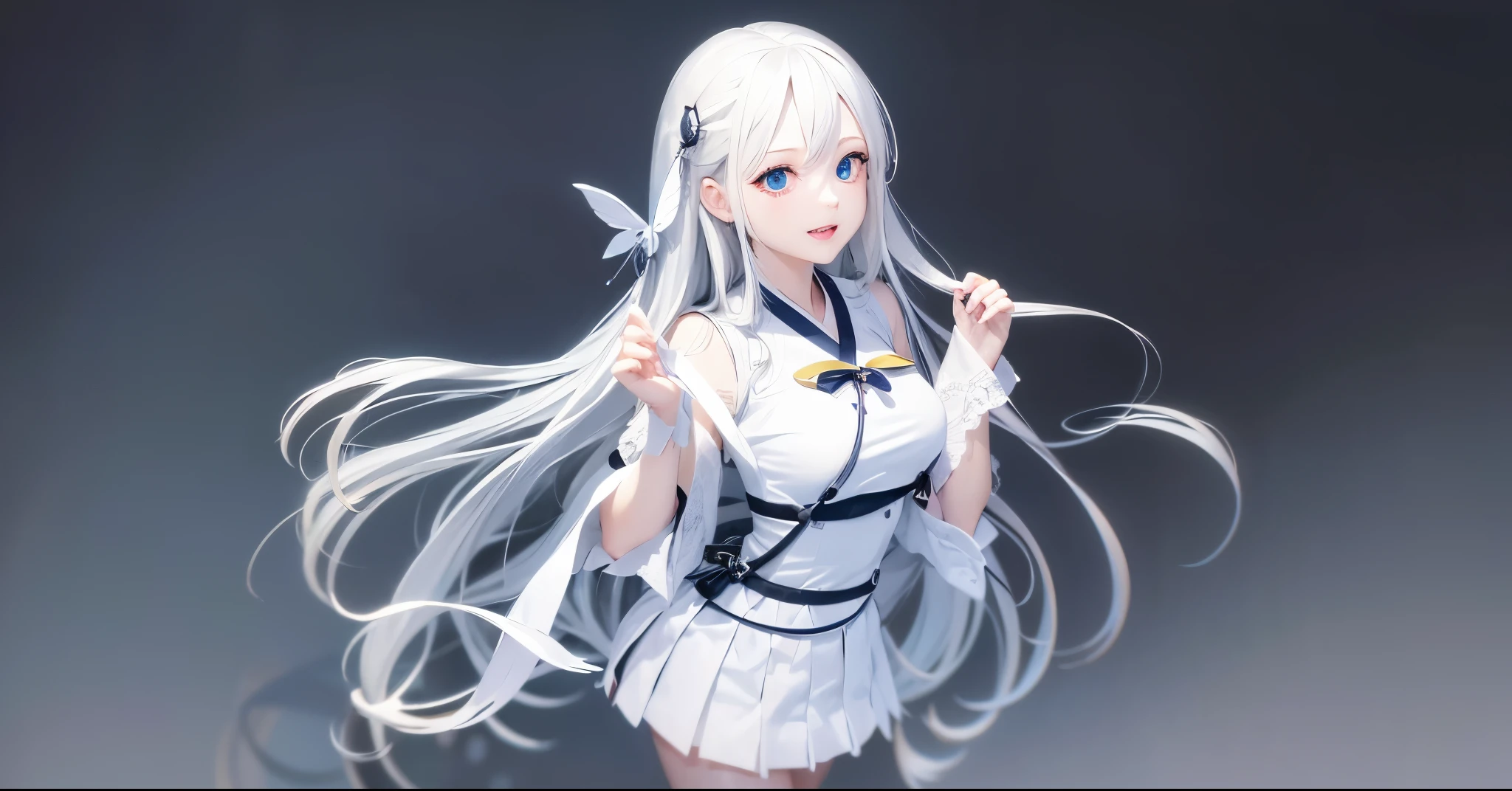 Long gray hair, White hair,Long gray hair, White hair, japan manga style , Fair skin, with her mouth open, eBlue eyes, on object, delicated face, Precise hands,4K,tmasterpiece，clean backdrop, solid color backdrop