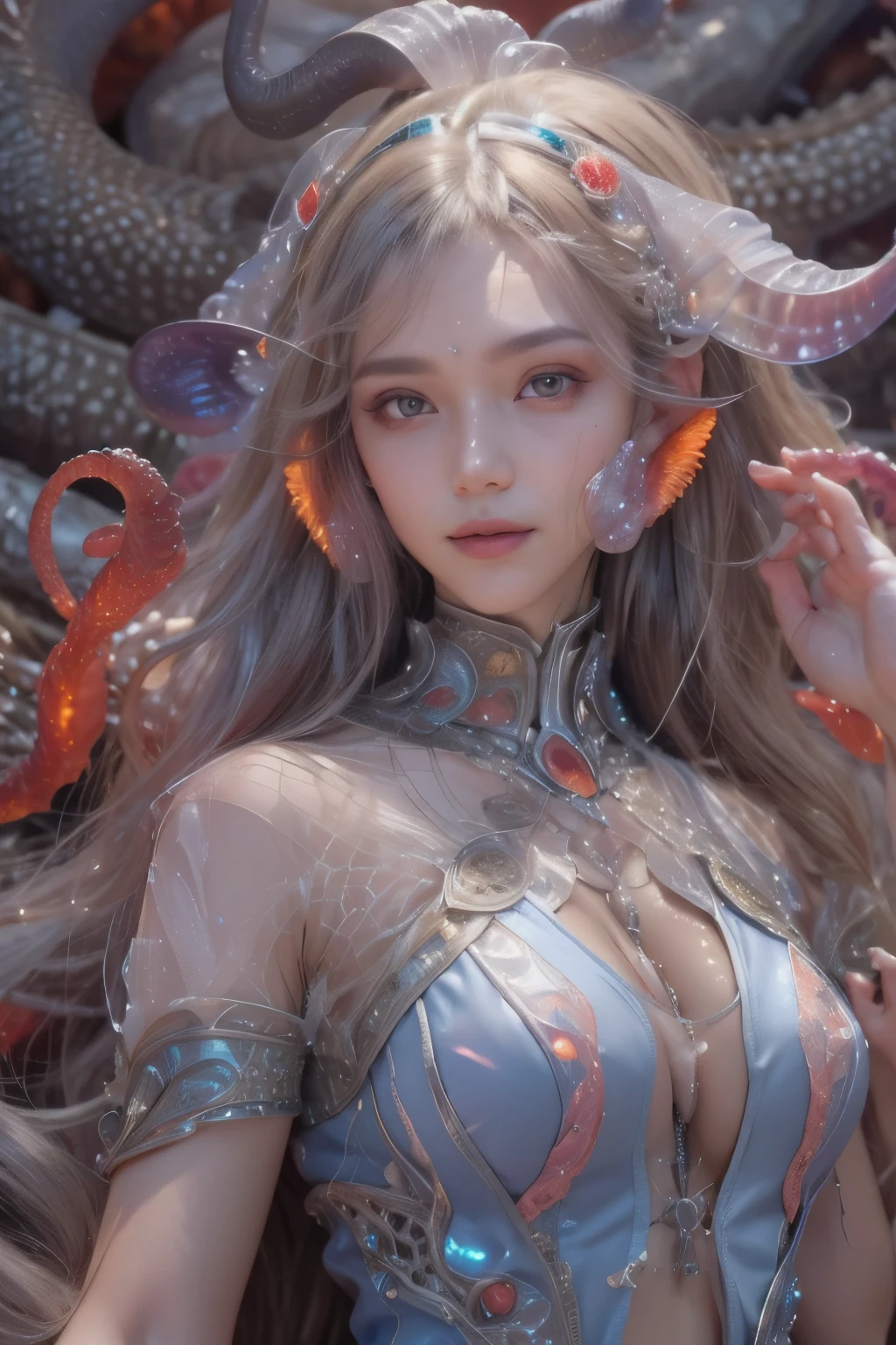 Portrait, (1 beautiful female alien:1.2), ((There is a female genital-like organ in the middle of the forehead:1.9)), (The most beautiful face in the history of the universe:1.2), (Scarlet eyes that shine mysteriously:1.6), (Translucent skin:1.8), an evil gaze that seduces, (red eyes:1.5), (large mouth:1.1), sharp teeth like a shark, Full body like, (bio luminescent:1.2), (Smile wickedly:1.3), (sexypose:1.5), alien, No humans, cells are fused, (Lots of translucent tentacles:1.1) (Translucent skin:1.3), extraterrestrial, cell, bio image, Best Quality, 8K,4K_quality, High Definition, Dramatic Lighting, masutepiece:1.5,cinematic quality, detail up, (Intricate details:1.2), High resolution, High Definition, drawing faithfully, (Thick eyebrows:1.2), Beautiful eyes with fine symmetry, (Ultra detailed eyes:1.2),(Highly detailed face and eyes:1.2), (High-resolution red-eye:1.4), Intimate face, (Super detailed skin quality feeling:1.4), Perfect Anatomy, (Beautiful toned body:1.5), (Moist skin:1.2), No makeup, (dark circles:1.1), long canines, cinematic drawing of characters, ultra high quality model, cinematic quality, detail up, (Intricate details:1.2), High resolution, High Definition, drawing faithfully, Official art, Unity 8K wall , 8K Portrait, Best Quality, Very High resolution, ultra detailed artistic photography, midnight aura, unreal enginee 5, Ultra Sharp Focus, art by alberto seveso, ArtGerm, Roisch, intricate artwork, best quality, masutepiece, ultra High resolution, (photos realistic:1.4), Ultra-realistic realism, dream-like, nautilus, Creation of fantasy, Snail, Dream Snail, (biopunk nautilus:1.3), Thrilling color schemes, Ultra-realistic realism, seductively smiling, Blue tentacles