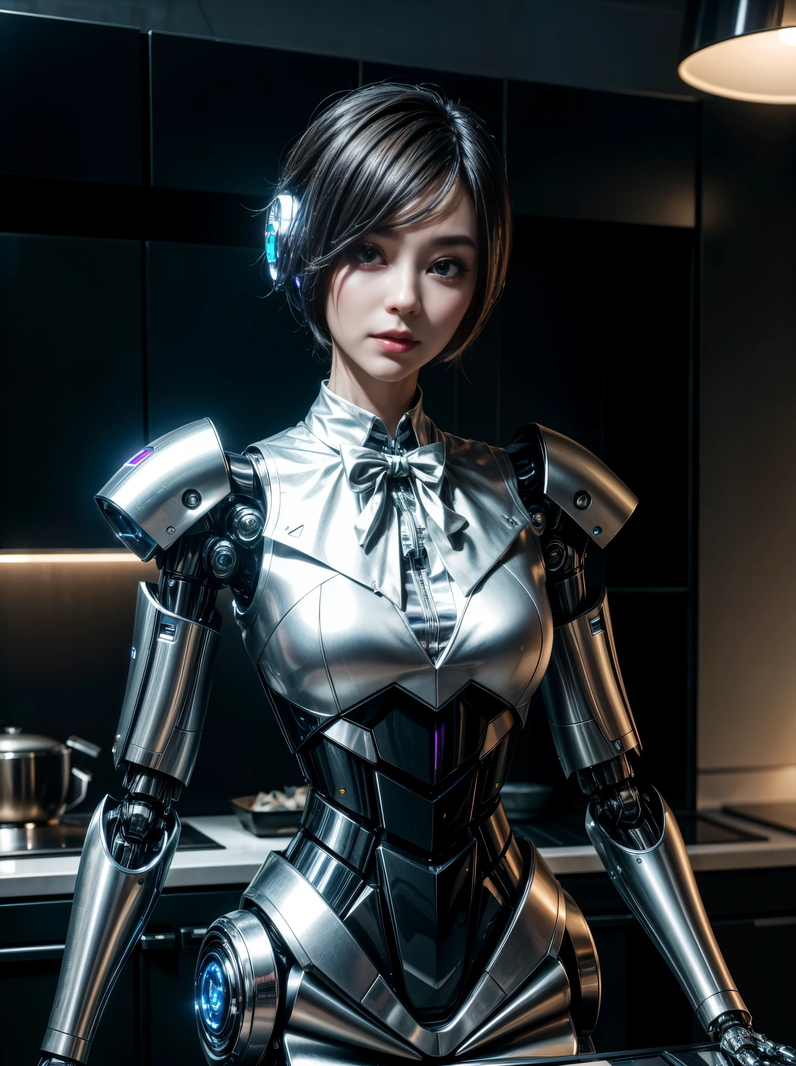 Close-up of robot butler standing near luxury kitchen counter，Butler dress up。short detailed hair。futuristic robotic, Beautiful robot character design, cyberpunk cyborg, robot body, robotic body, posing robotically, humanoid servo, futuristic robotic, the most advanced humanoid robot，Global illumination。