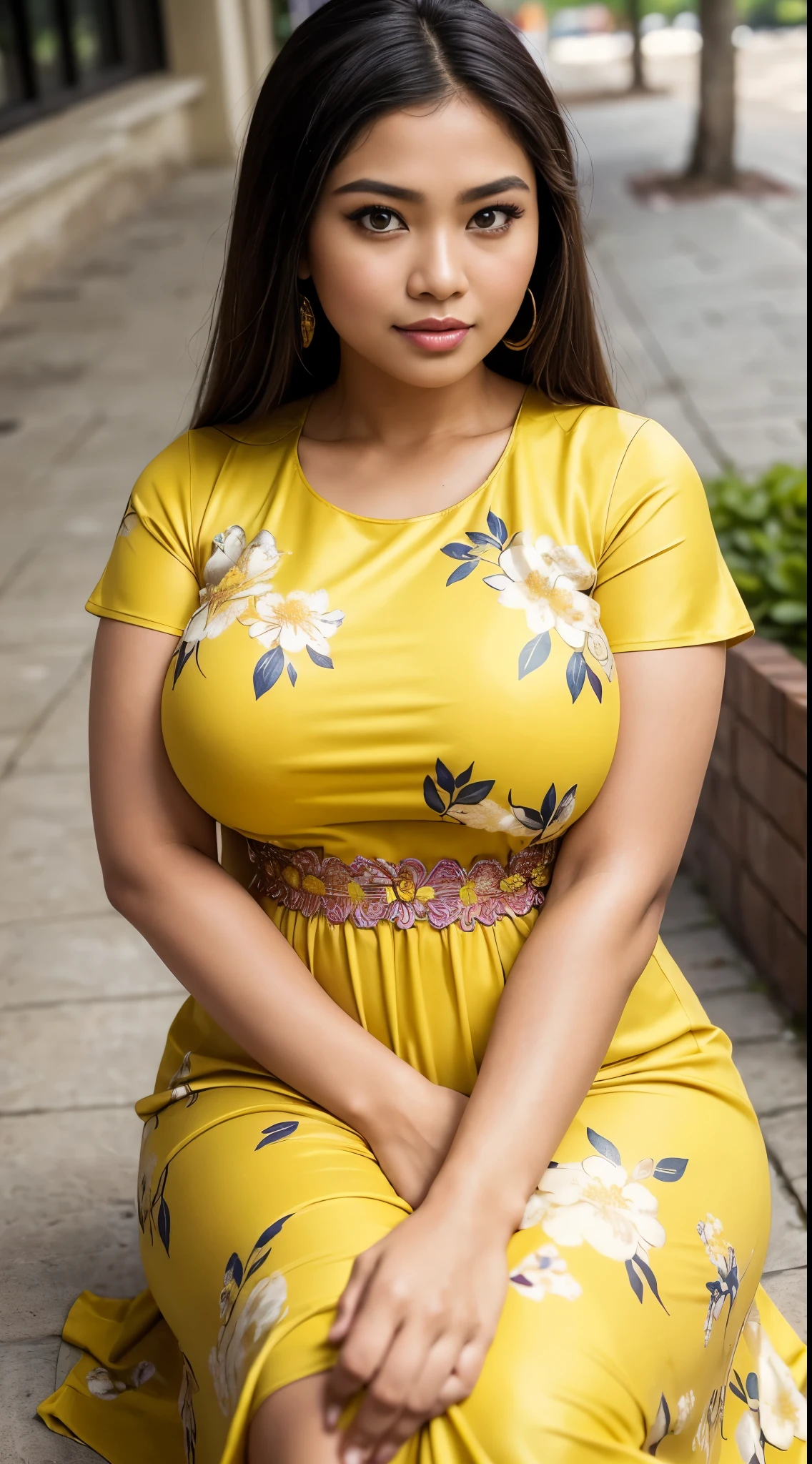 ( Close Up ),RAW, Best quality, high resolution, work: 1.3), Beautiful Malay woman, Perfect work, perfect fit body, ((Big breasts, beautiful big eyes, Soft smile, beautiful face, slightly open mouth, thighs thick, shapely buttocks, close-up view of a woman in a yellow floral dress sitting on the sidewalk, beautiful woman, traditional beauty, a Malay woman, with a beautiful appearance, a young Malay woman, , beautiful beautiful girl, very beautiful style, wearing beautiful clothes, excellent lighting, bright colors, clean lines