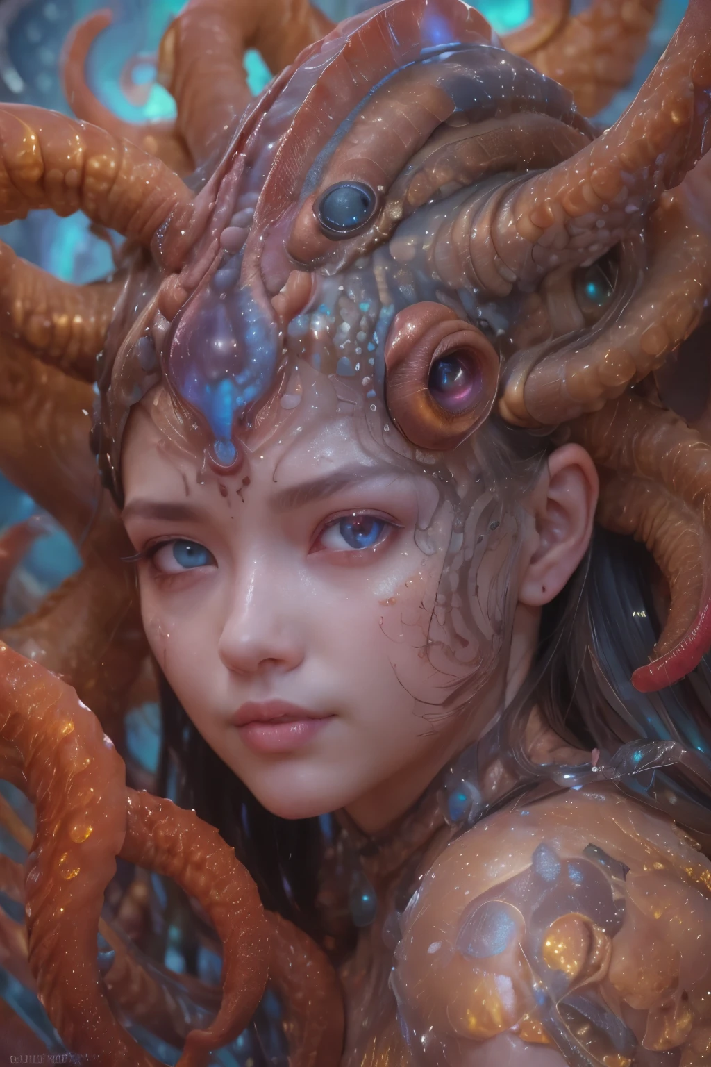 Portrait, (1 beautiful female alien:1.2),  (There is a female genital-like organ in the middle of the forehead:1.9), (The most beautiful face in the history of the universe:1.2), (Scarlet eyes that shine mysteriously:1.6), (Translucent skin:1.8), an evil gaze that seduces, (red eyes:1.5), (large mouth:1.1), sharp teeth like a shark, Full body like, (bio luminescent:1.2), (Smile wickedly:1.3),  (sexypose:1.5), alien, No humans, cells are fused, (Lots of translucent tentacles:1.1) (Translucent skin:1.3), extraterrestrial, cell, bio image, Best Quality, 8K,4K_quality, High Definition, Dramatic Lighting, masutepiece:1.5,cinematic quality, detail up, (Intricate details:1.2), High resolution, High Definition, drawing faithfully, (Thick eyebrows:1.2), Beautiful eyes with fine symmetry, (Ultra detailed eyes:1.2),(Highly detailed face and eyes:1.2), (High-resolution red-eye:1.4), Intimate face, (Super detailed skin quality feeling:1.4), Perfect ???????,  (Beautiful toned body:1.5),  (Moist skin:1.2), No makeup, (dark circles:1.1), long canines, cinematic drawing of characters, ultra high quality model, cinematic quality, detail up, (Intricate details:1.2), High resolution, High Definition, drawing faithfully, Official art, Unity 8K wall  , 8K Portrait, Best Quality, Very High resolution, ultra detailed artistic photography, midnight aura,  unreal enginee 5, Ultra Sharp Focus, art by alberto seveso, ArtGerm, Roisch, intricate artwork, best quality, masutepiece, ultra High resolution, (photos realistic:1.4), Ultra-realistic realism, dream-like,  nautilus, Creation of fantasy, Snail, Dream Snail,  (biopunk nautilus:1.3), Thrilling color schemes， Ultra-realistic realism， seductively smiling, Blue tentacles