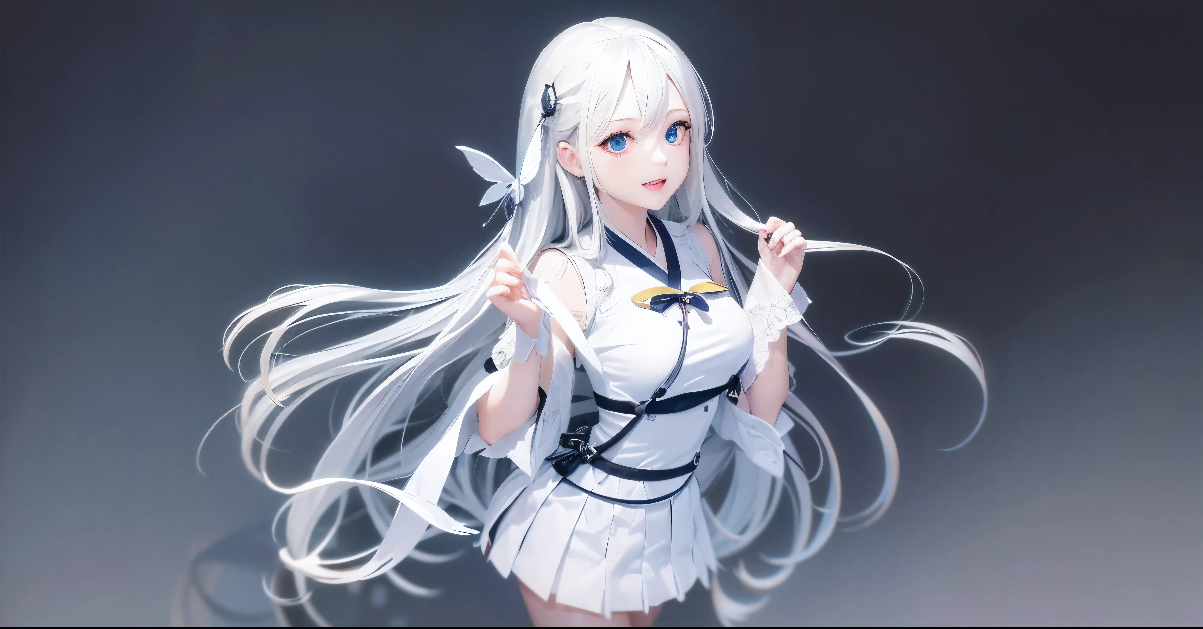 Long gray hair, White hair,Long gray hair, White hair, japan manga style , White skin of the, with her mouth open, eBlue eyes, on object, delicated face, Precise hands,4K,tmasterpiece,clean backdrop, solid color backdrop