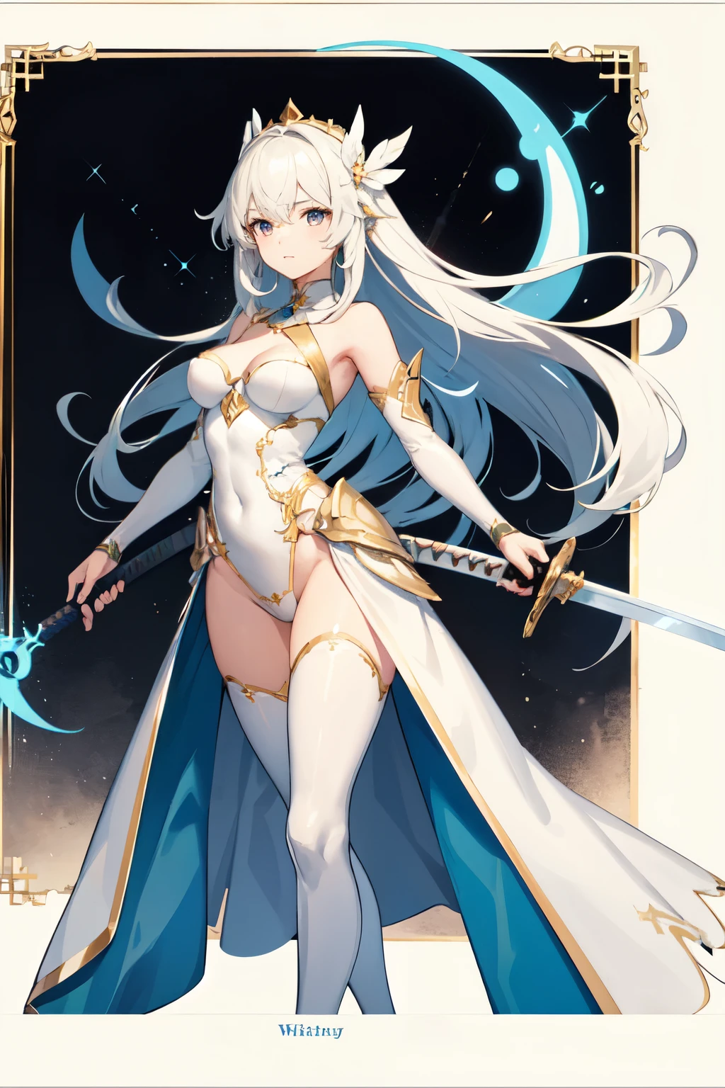 woman，quadratic element，whaite hair，Sword Fairy，Blue sword，sword red，gentleneseautuful Women，sword sheath，long whitr hair，Having a good figure is all about describing myself.，Three shaded two，High Picture Quality，Close to modern picture quality