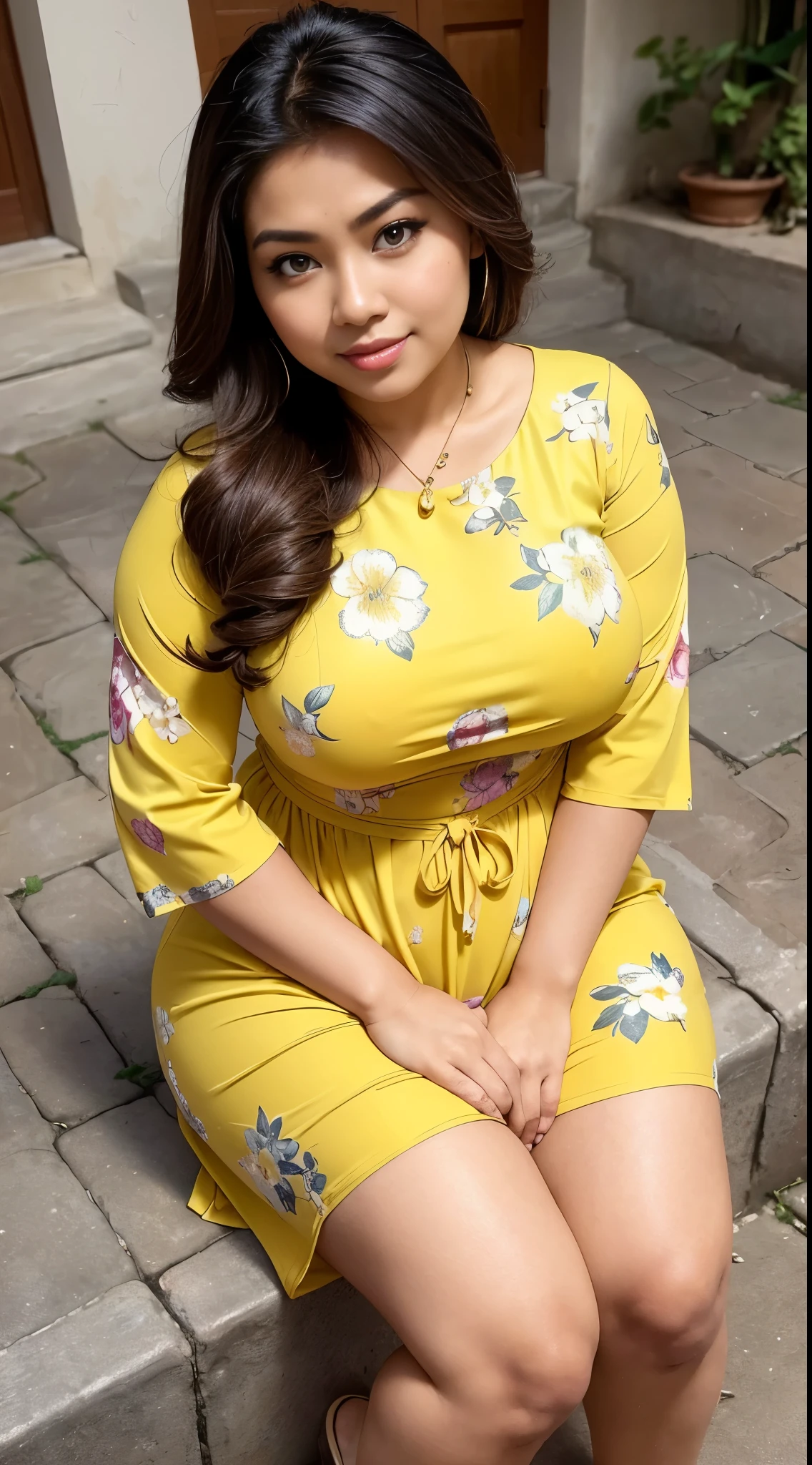 ( Close Up ),RAW, Best quality, high resolution, work: 1.3), Beautiful Malay woman, Perfect work, perfect fit body, ((Big breasts, beautiful big eyes, Soft smile, beautiful face, slightly open mouth, thighs thick, shapely buttocks, close-up view of a woman in a yellow floral dress sitting on the sidewalk, beautiful woman, traditional beauty, a Malay woman, with a beautiful appearance, a young Malay woman, , beautiful beautiful girl, very beautiful style, wearing beautiful clothes, excellent lighting, bright colors, clean lines