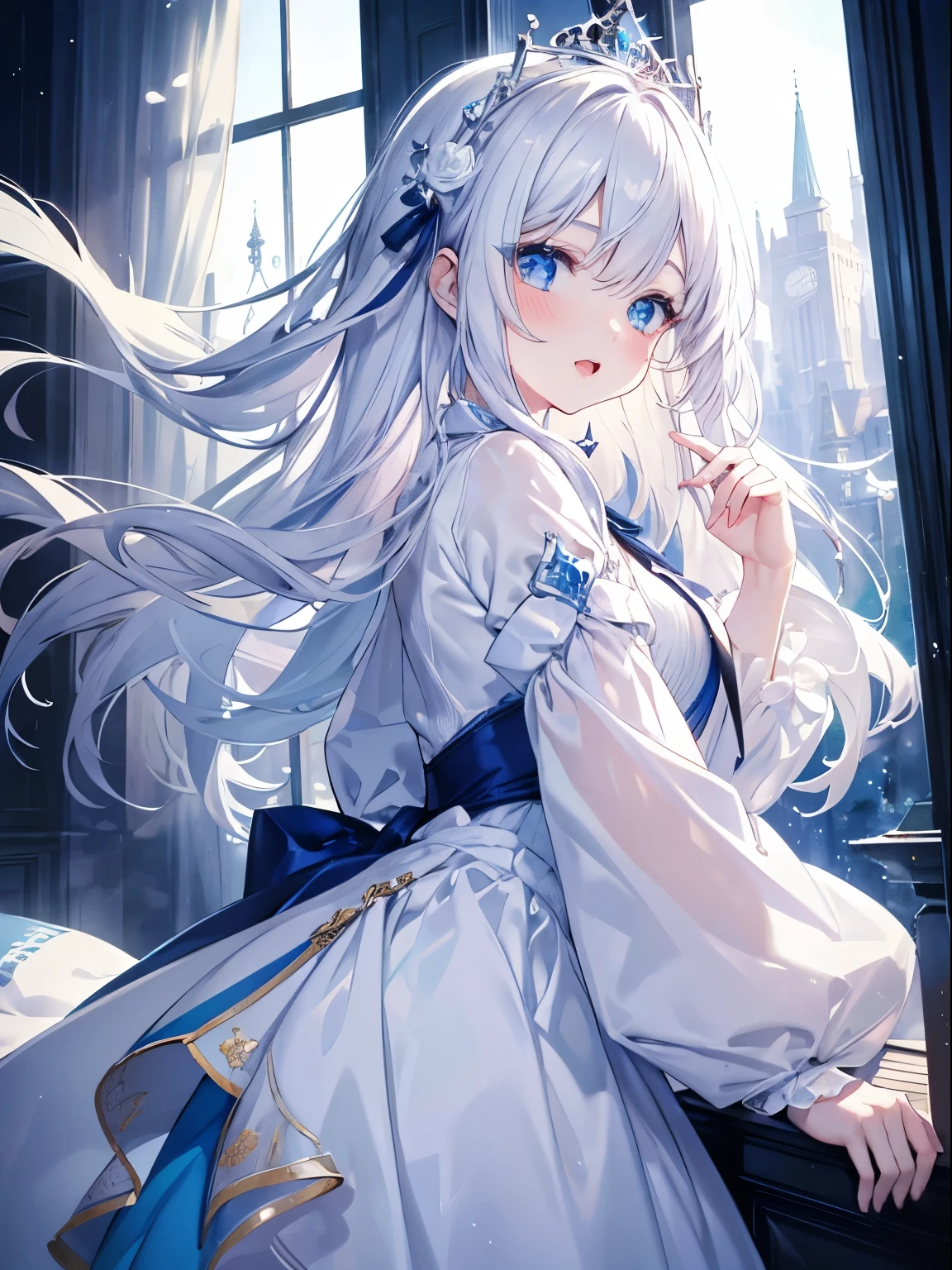 masutepiece, Highest Quality, (Perfect face:1.1), (high detailing:1.1), (ultradetailed eyes), Dramatic, superfine illustration, Extremely detailed, 1girl in, (pale skin), long white hair, Ethereal eyes, Blue eyes,tareme, (light eyebrow),blush,Solo,Smile, Happy, Laugh, Enjoy, Open mouth, Pouty lips,Cinematic lighting, looking for viewer,From Side,Cowboy Shot,Long sleeve,Blue Princess Dresses, Indoor,Winter background