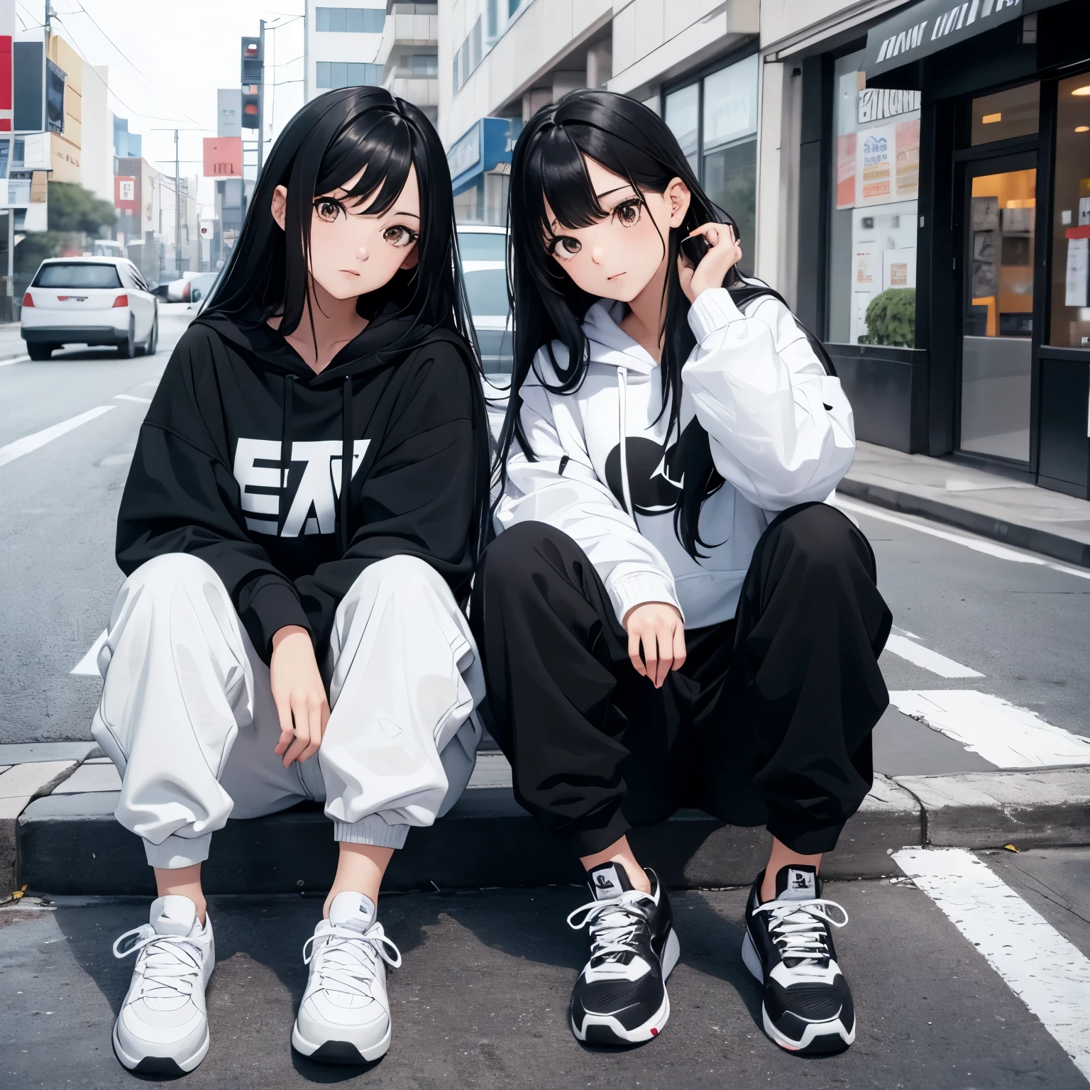 Two beautiful and cute girls, long black hair, black and white hoodie, trousers, sneakers, tall, decent, roadside, Sit, Close