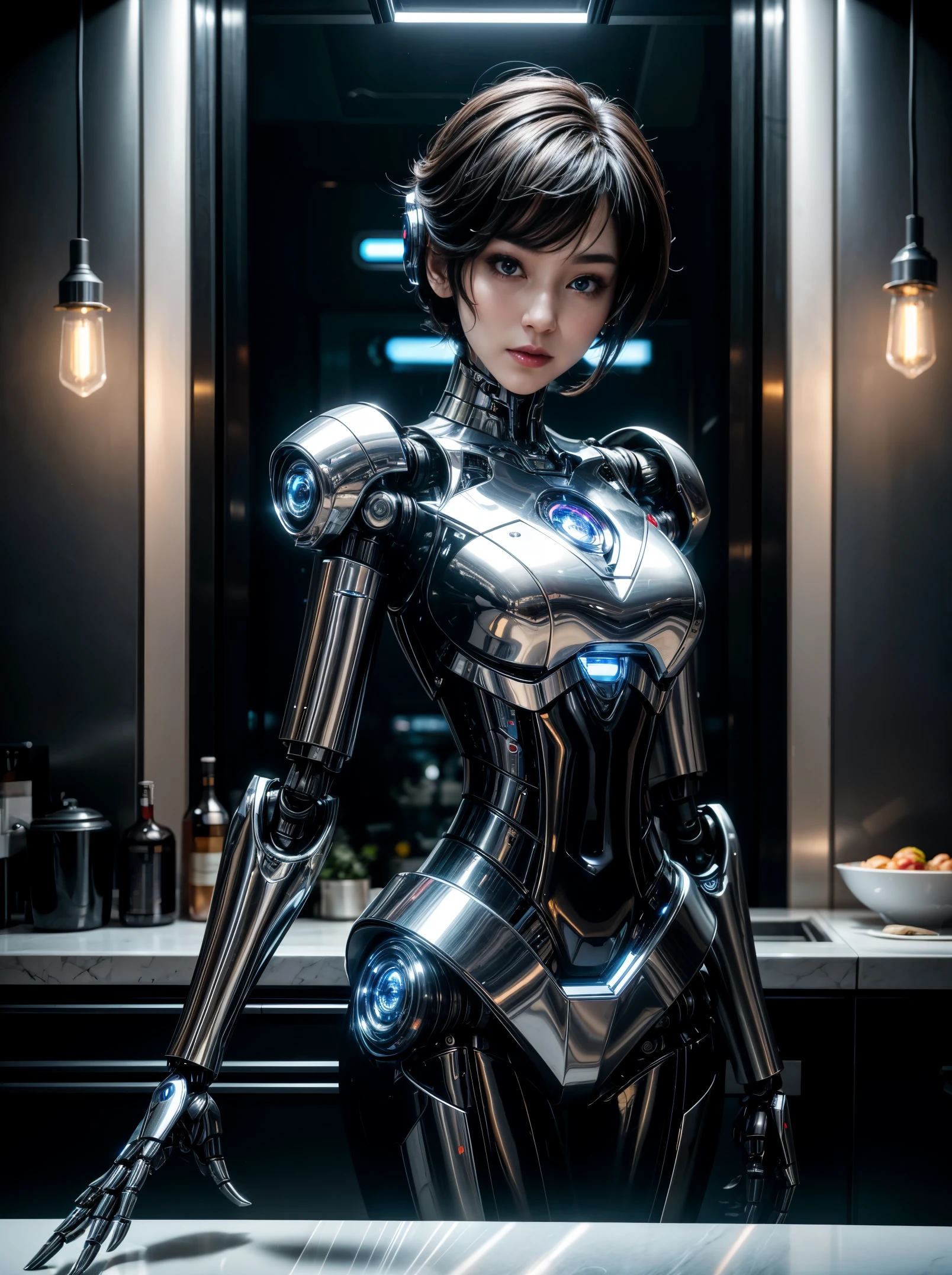 Close-up of robot butler standing near luxury kitchen counter,Butler dress up。short detailed hair。saluting。futuristic robotic, Beautiful robot character design, cyberpunk cyborg, robot body, robotic body, posing robotically, humanoid servo, futuristic robotic, the most advanced humanoid robot,Global illumination。
