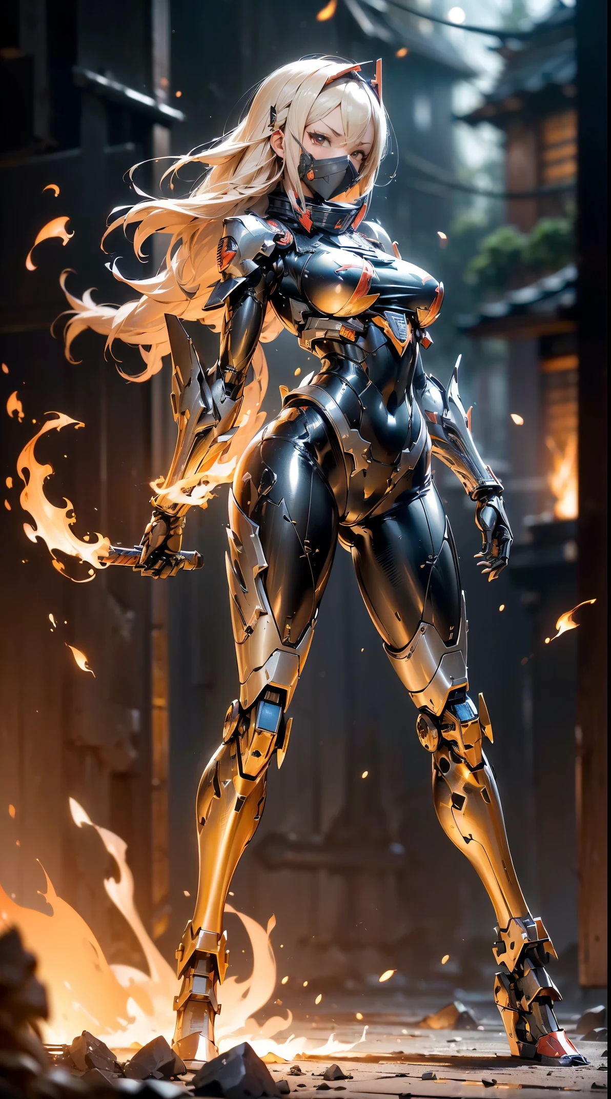woman wearing ninja armor,(Hold your palm forward and fire lightning:1.4),(tactical open face mask:1.3),(Yellow body:1.1),(sensually:1.4),(large full breasts:1.3),(long legged:1.1),(A detailed eye:1.3),(A detailed face:1.3),(Detailed weapons:1.3),(Detailed body:1.3),(full body Esbian:1.5),(The background is thunder god:1.5:),(blur backgroun:1.5),逼真,(((masutepiece,Extremely detailed, Heavy mechs, hard surface)))