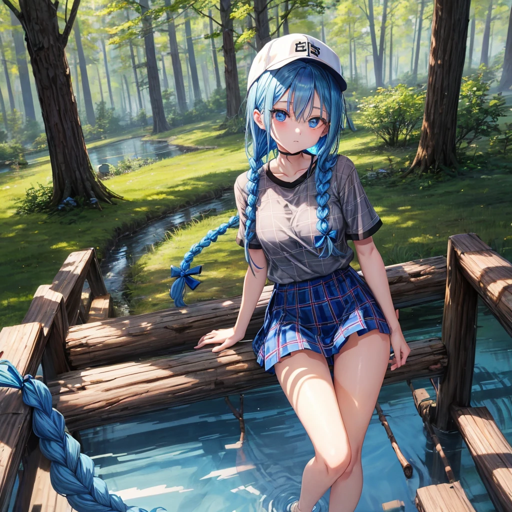 Blue hair、blue eyess、Braids、one good looking girl、独奏、animesque、Plaid miniskirt、Black T-shirt、camisole、the woods、Sunlight、Wearing a plaid baseball cap、bare-legged、Tilting your face、Walking、Crossing a log bridge while keeping balance、Doing the ribbon、have a twig