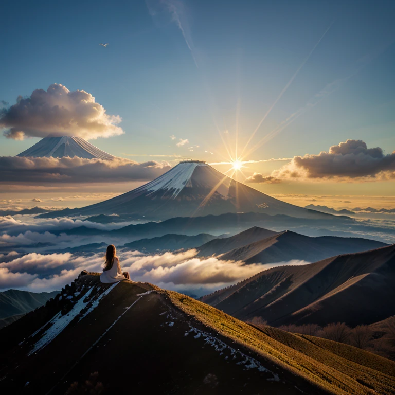 (Mt fuji,sunrises,Realistic depiction,a picture,Contre-Jour,a cloud),goodlooking,gasp,golden colors,The sun comes from near the top of the mountain, mountain one only,over the girl, back,１People only,Don't show girls face,Longhaire,dragon,(flying though the air, Asian dragon),good omen,light across the screen.