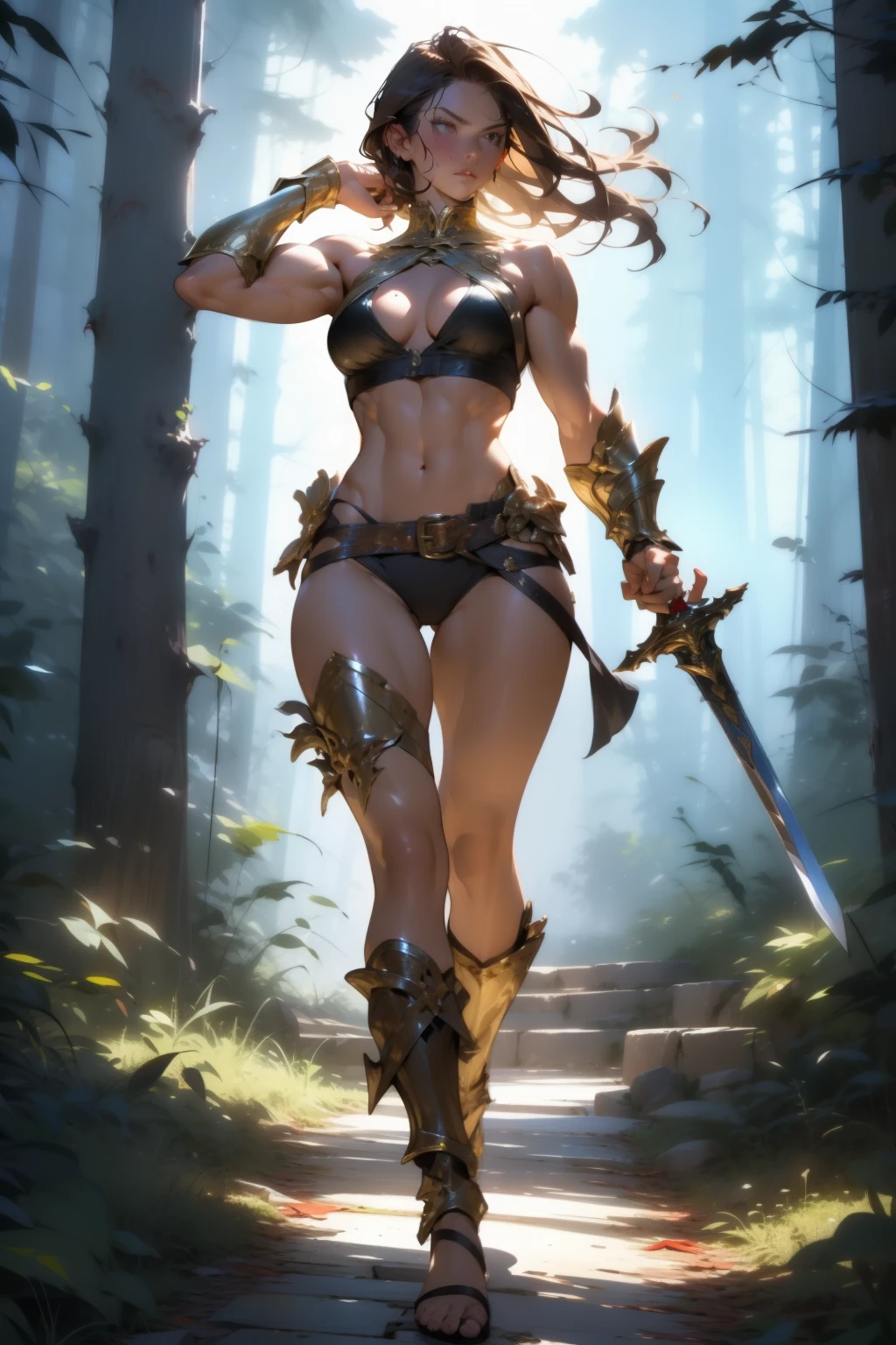 ((Simon Bisley)), Beautiful full-body woman, 30 years old, muscular and perfect body, medieval warrior with little clothing, tiny thong, golden metal bra, arm covered by a metallic armor, large breasts, generous neckline, holding a blood-stained sword, brave face, dark kingdom, sexy pose, walking in a forest