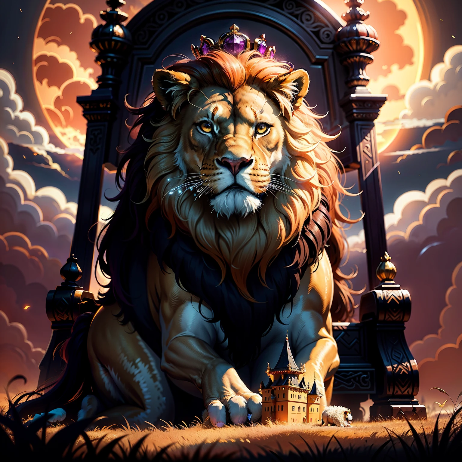 A majestic and regal lion, I'm using it crown, pride, its golden mane flowing in the wind as it prowls through the tall grass of the savannah. In the distance, the setting sun paints the sky in shades of fiery orange and deep purple, casting a warm and welcoming glow castle, throne gloryHD lighting and dark )<=(epic image quality)dark atmosphere with bright particle light(many effects in background)