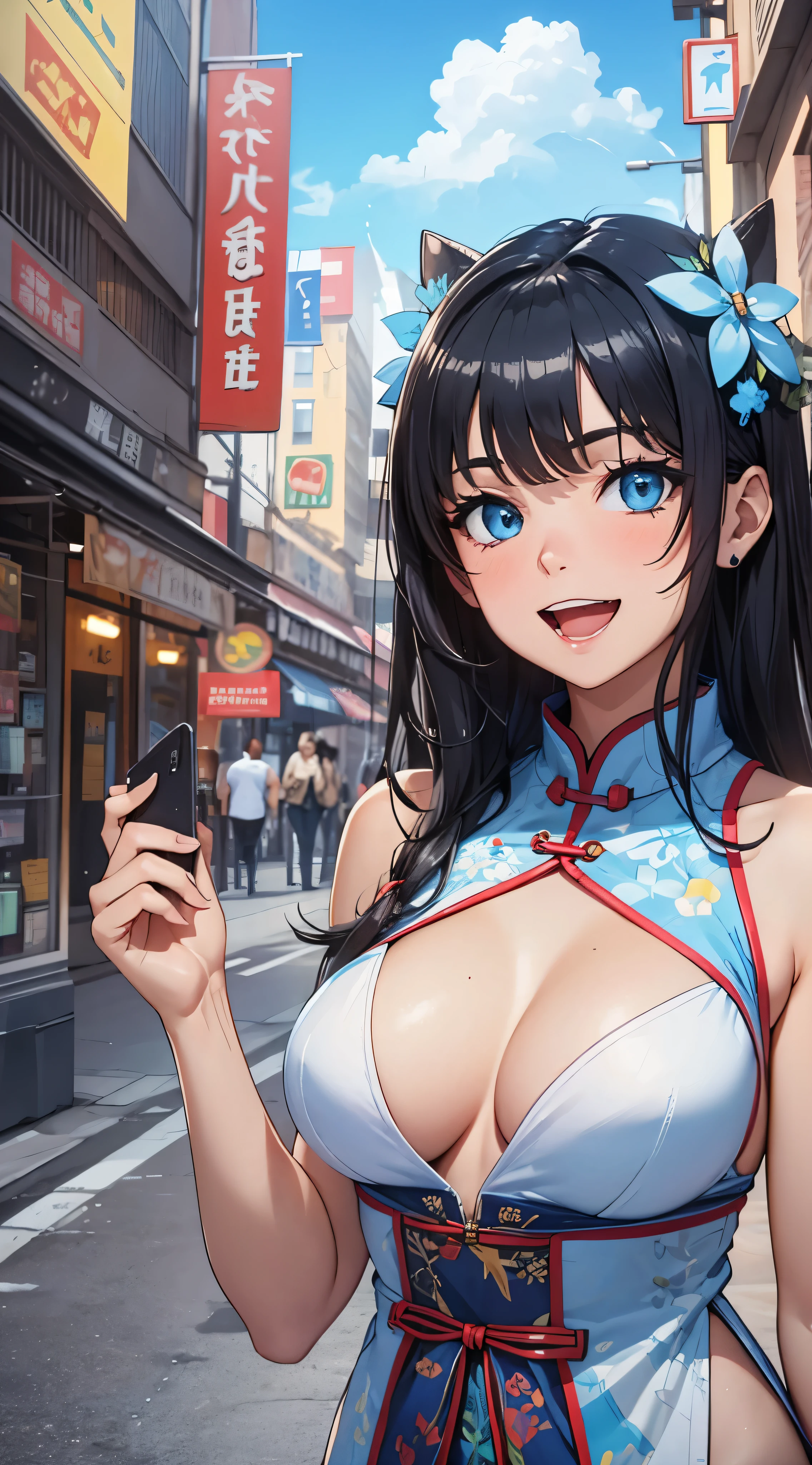 1womanl,Black hair,14years ,(()),Beautiful breasts,(((sexy white and blue shiny cheongsam)))(())(((Blushing cheeks、Smile with open mouth)),(((Satin Narico))),((( portlate))),Crowds,white and blue cheongsam