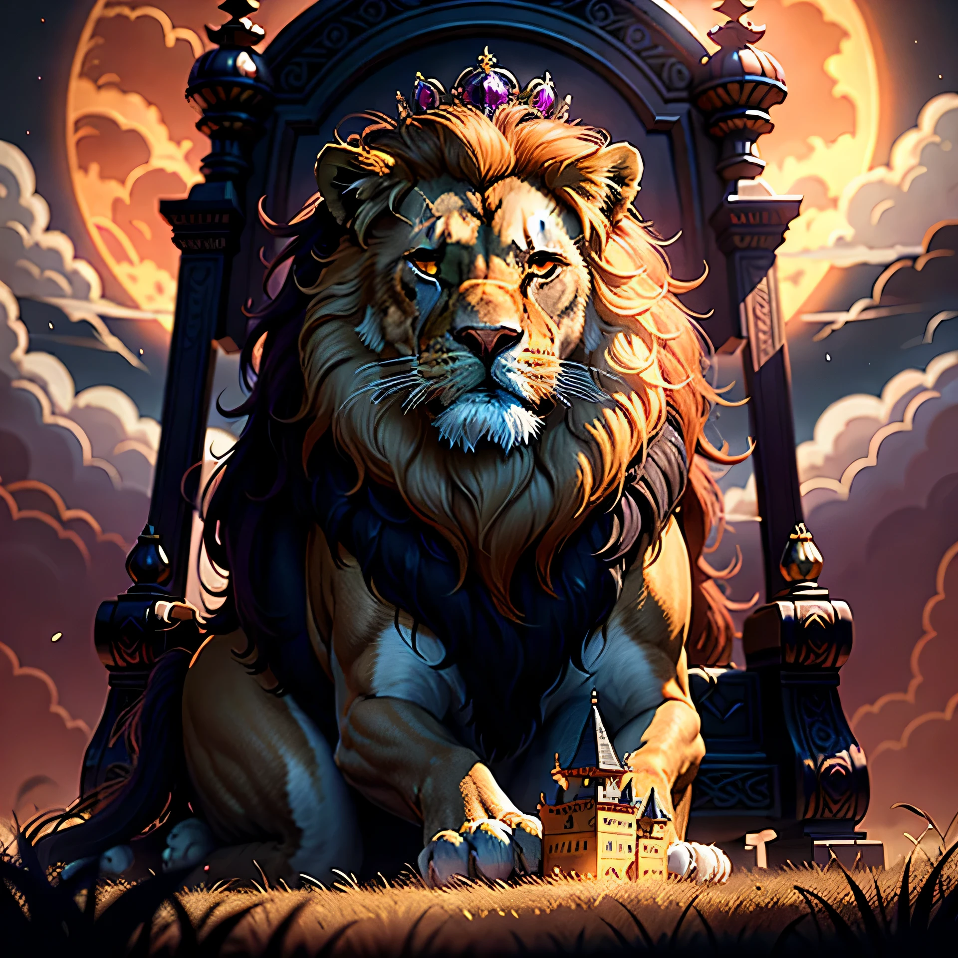 A majestic and regal lion, I'm using it crown, pride, its golden mane flowing in the wind as it prowls through the tall grass of the savannah. In the distance, the setting sun paints the sky in shades of fiery orange and deep purple, casting a warm and welcoming glow castle, throne gloryHD lighting and dark )<=(epic image quality)dark atmosphere with bright particle light(many effects in background)