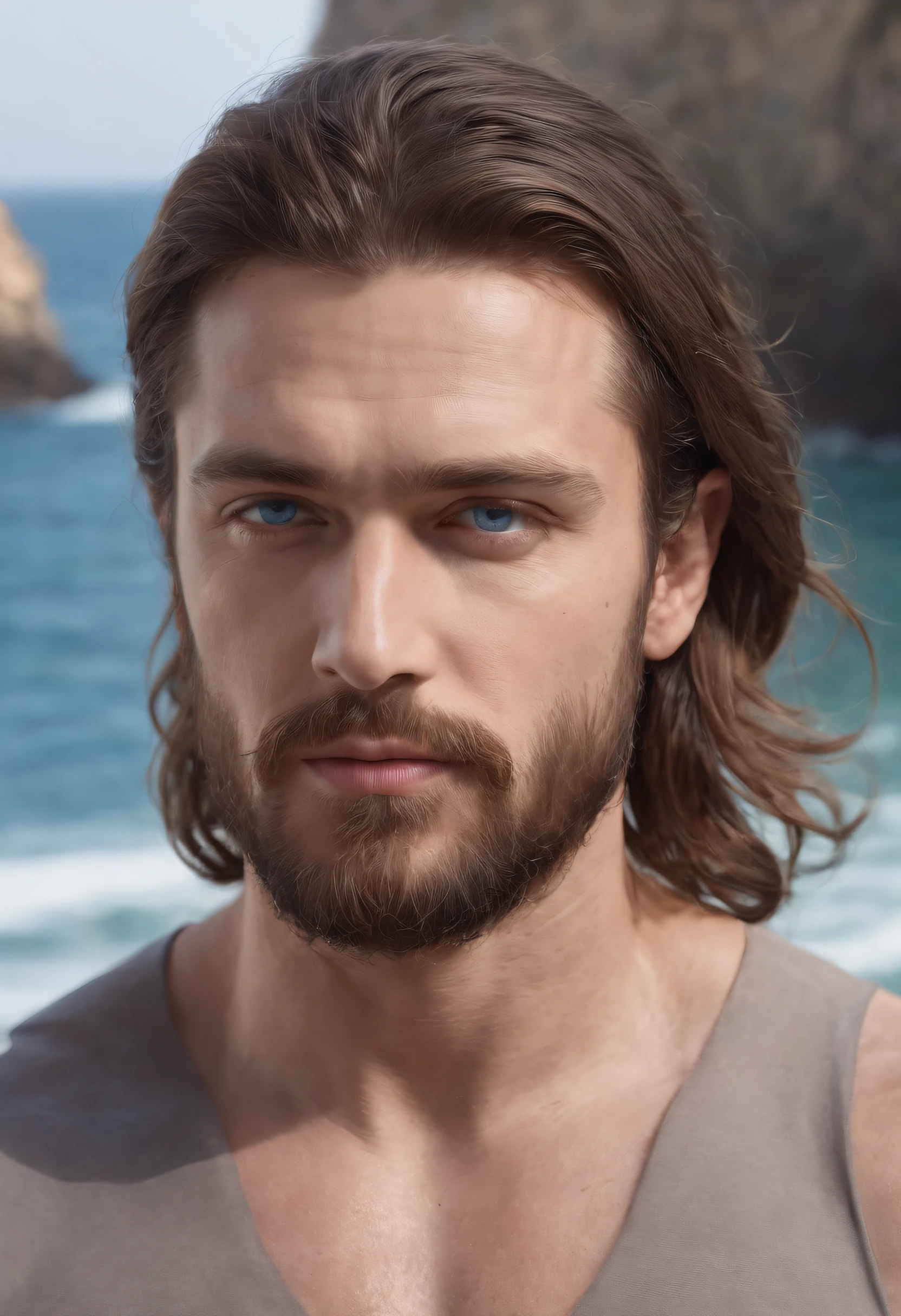 Poseidon, shoulder length brown hair, beard, ocean blue eyes, chiton, t-shirt, muscular. Realistic hyper-detailed portraits, masculine, western style portraits, digital art techniques