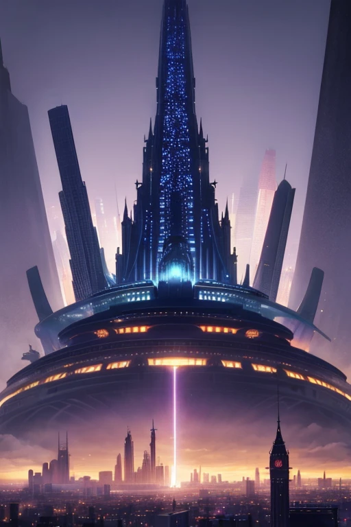 a very tall building with a lot of lights on it, a matte painting, inspired by Yoshio Markino, cubo-futurism, from sam and max, stars on top of the crown, an evil villain's lair, zoomed out shot